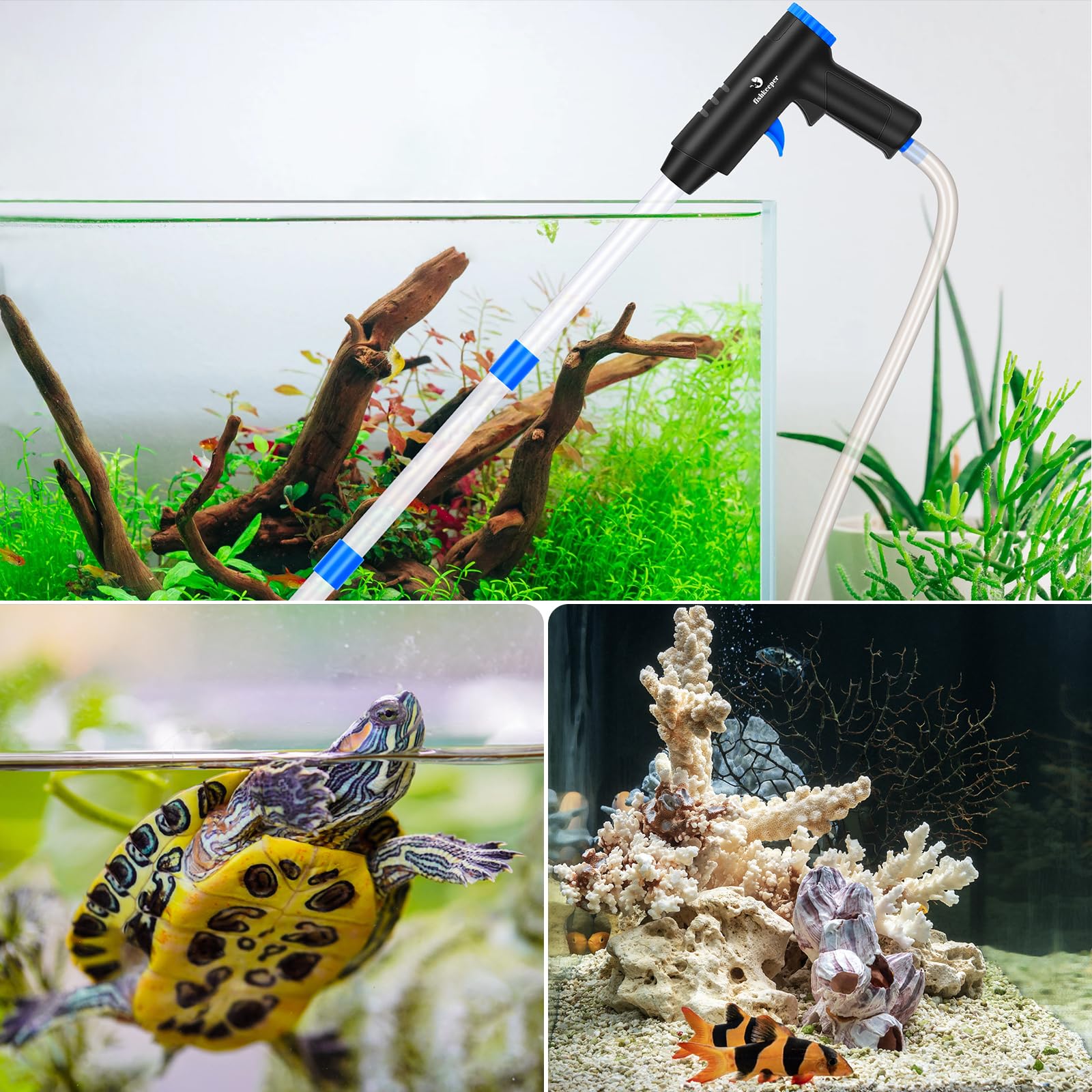 fishkeeper Mulmsauger Aquarium, 4 in 1 Starke Aquarium Sauger Einstellbarer Aquarium Reinigungsset，Herausnehmbarer Bodenreiniger gegen Verstopfung für Wasserwechsel Sandreinigung und Wasserumwälzung