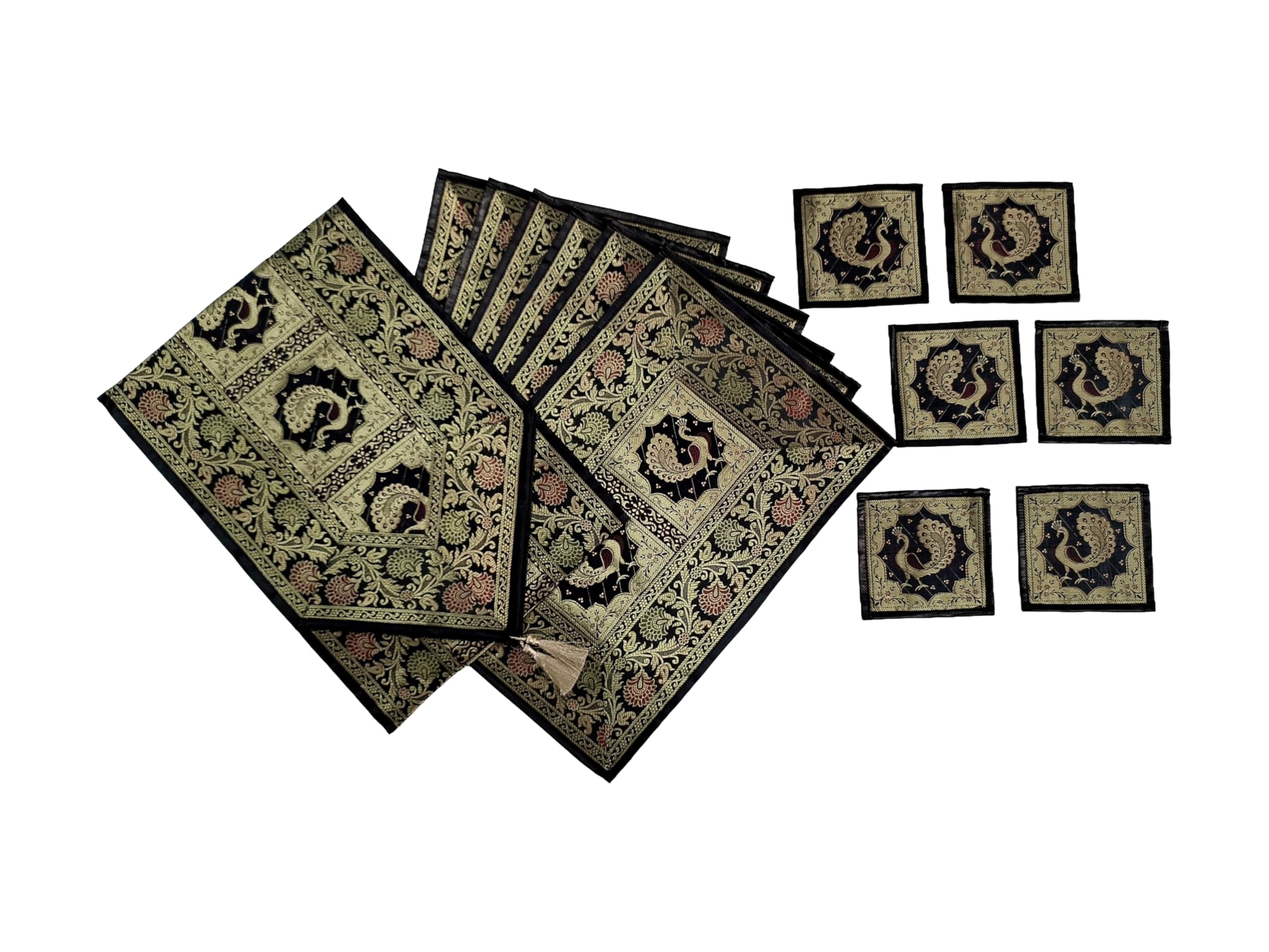 Dining Table Placemats Set of 13 Pieces, Ethnic Brocade Silk with Golden Woven Work- (1 Table Runner, 6 Mats, 6 Coasters) (Black)