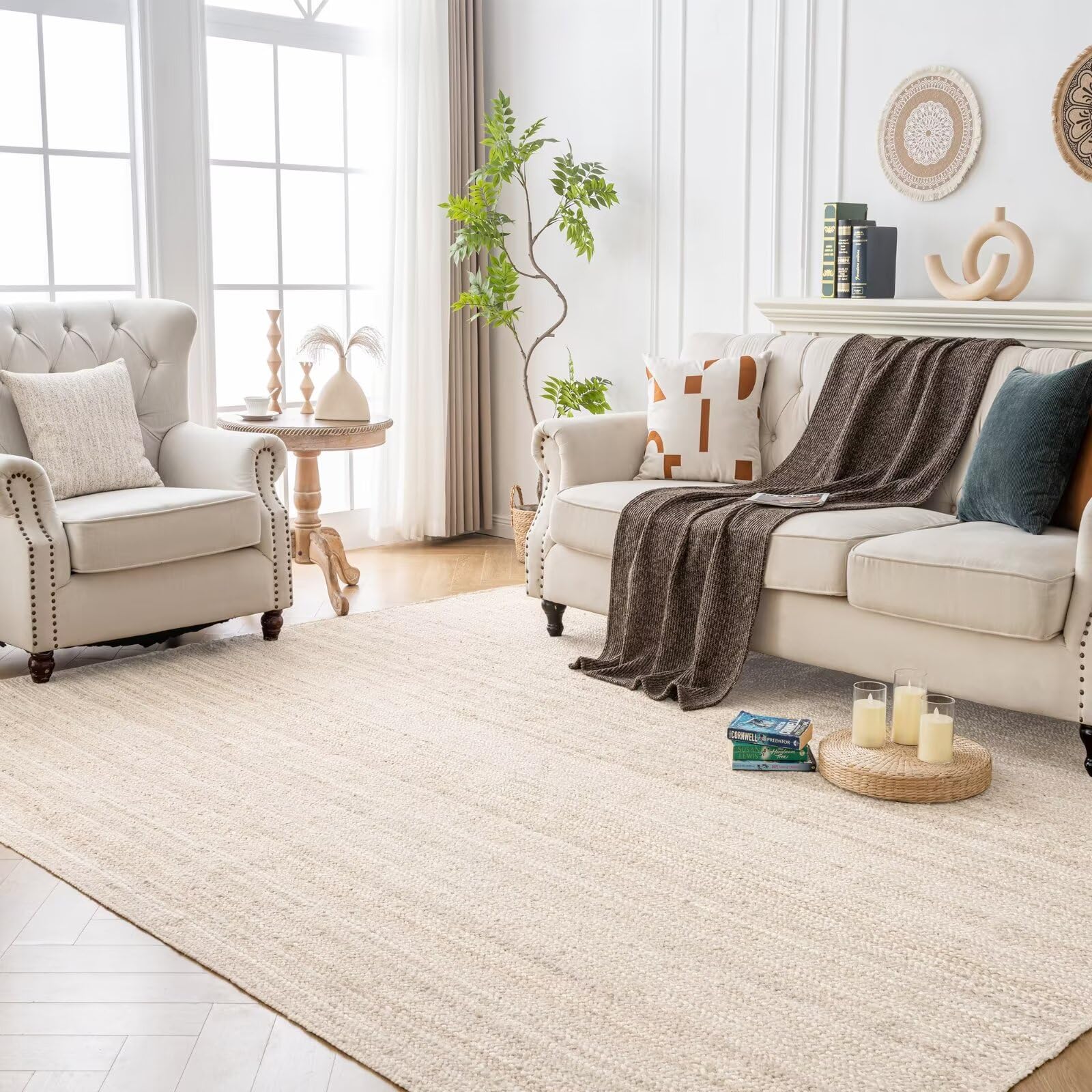 Shatex 12 inch Jute Rug 100% Jute Natural Fiber,Ideal for Bedroom,Bathroom,Kitchen,Living Room,Farmhouse Decoration, Off-White