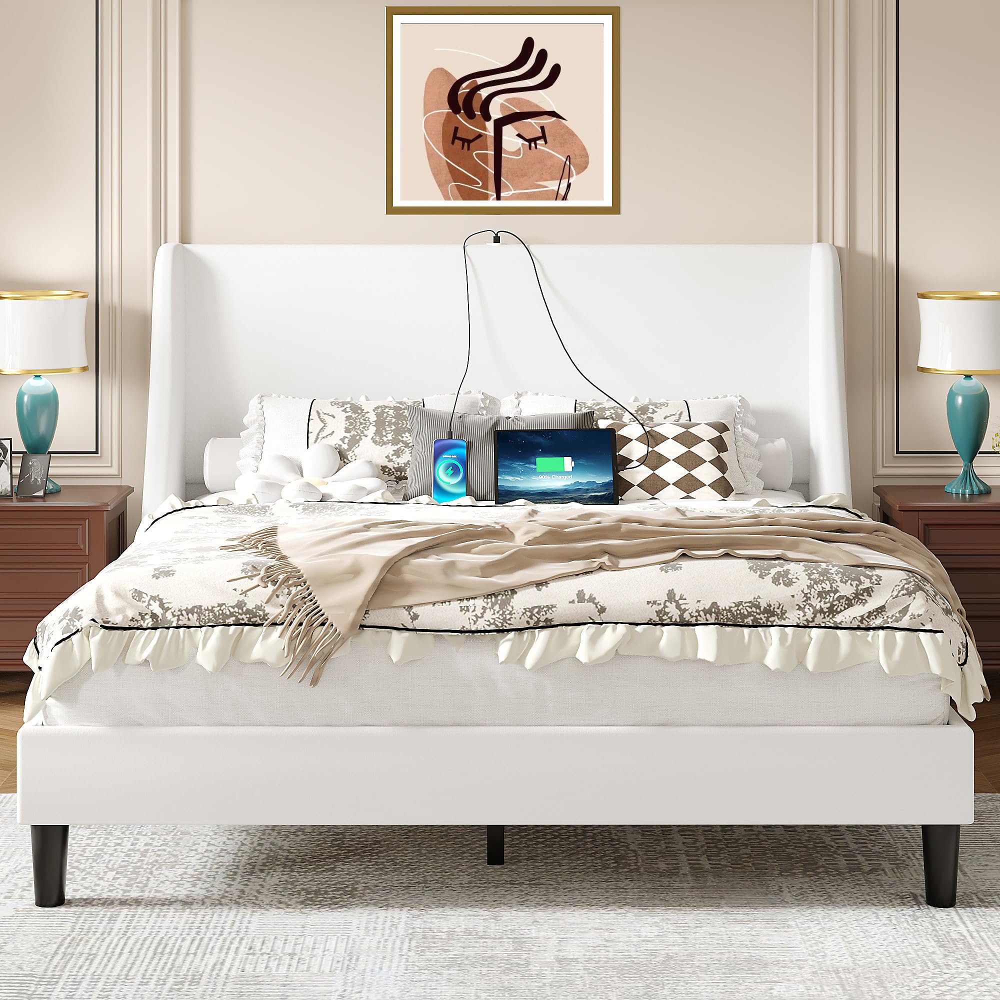 VECELO Queen Bed Frame with Upholstered Wingback Headboard, Heavy-Duty Platform Bedframe with Charging Station, Wooden Slats, No Box Spring Needed,