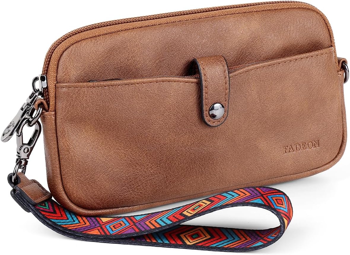 FADEON Slim Wristlet Wallets for Women, Designer Leather RFID Wallet with 3 Zipper Purse for Travel