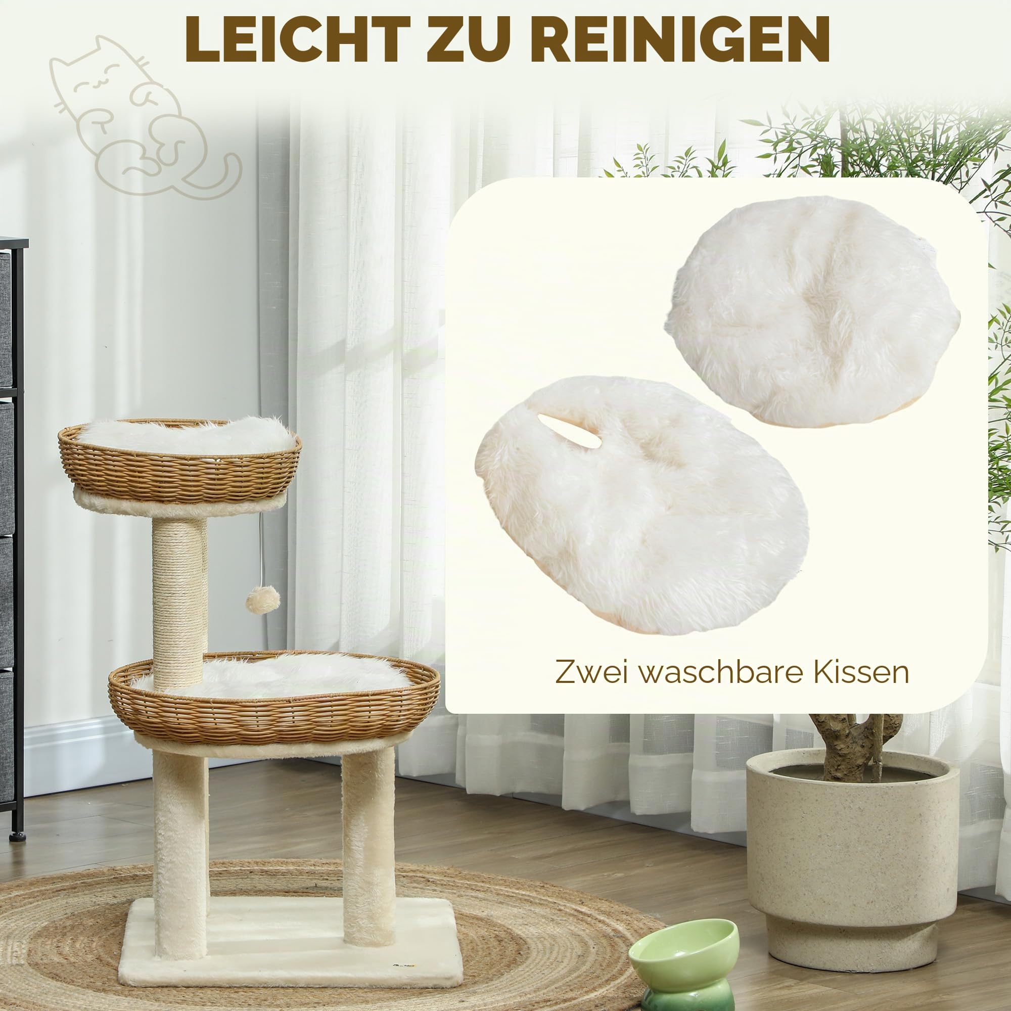 PawHut Kratzbaum, Kletterbaum, Höhe 75,5 cm, mit Zwei Katzenbetten aus Rattan, Kratzstangen, waschbaren Kissen, Spielzeugball, Beige