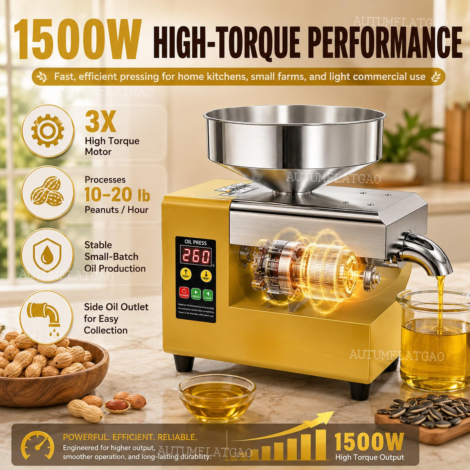 Prensa De Aceite 1500 W, Prensado En Frío Y Caliente Para Nueces Y Semillas | Ajuste De 40–300℃ Para Prensado Suave O En Caliente De Cacahuetes, Sésamo, Girasol, Nueces Y Otras Semillas