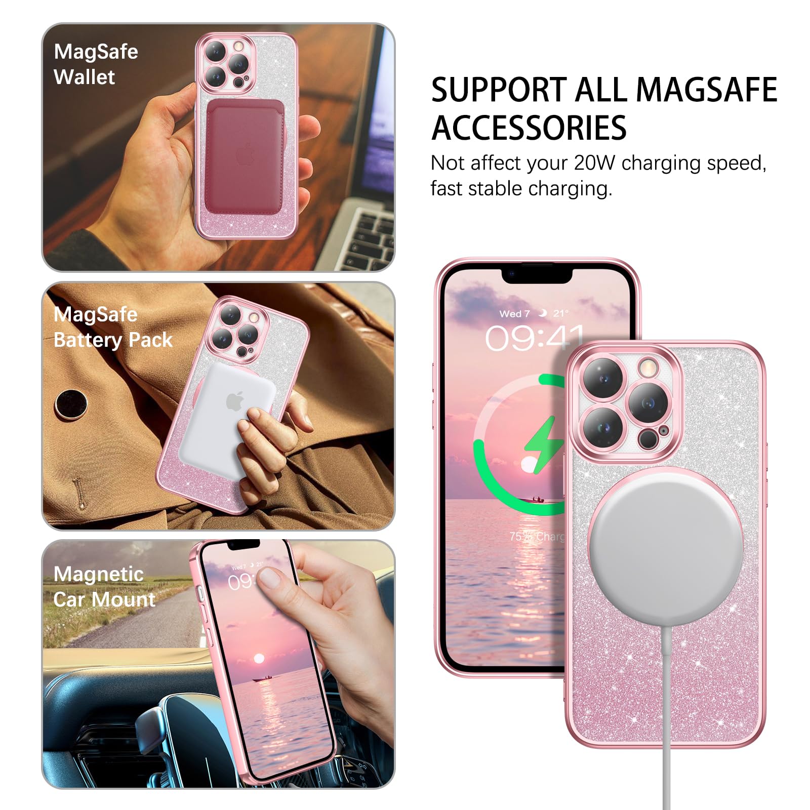 DUEDUE IPhone 15 Hülle Mit MagSafe – Glitzer-Design, Stoßfest, Mit Band, Transparent & Pink