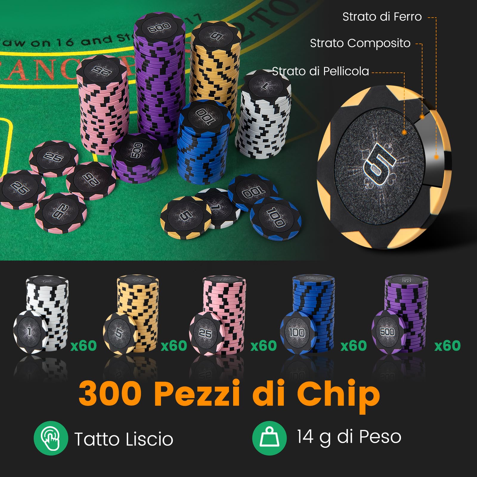 COSTWAY Set di Fiches da Poker con 300/600 Fiches, 2/6 Mazzi di Carte 5 Dadi Mescolatore Automatico di Carte e Tappeto, Scatola Portatile, Poker Chips per Party Viaggi e Feste (300 PCS)