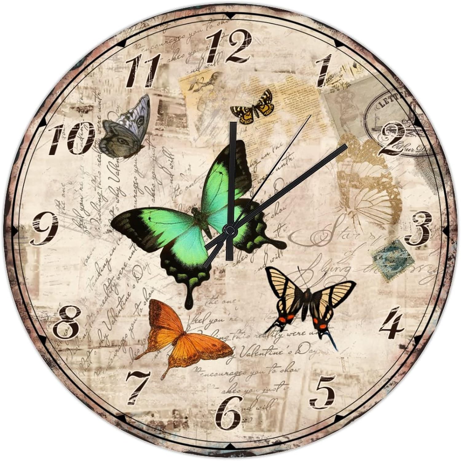 UFunhome Wall Clock 15-Inch Wooden Retro Butterfly Animal Pattern Clock Modern Round Silent Wall Clocks Easy to Read Modern Home Decorations Wall Art for Patio Pool Bathroom Bedroom
