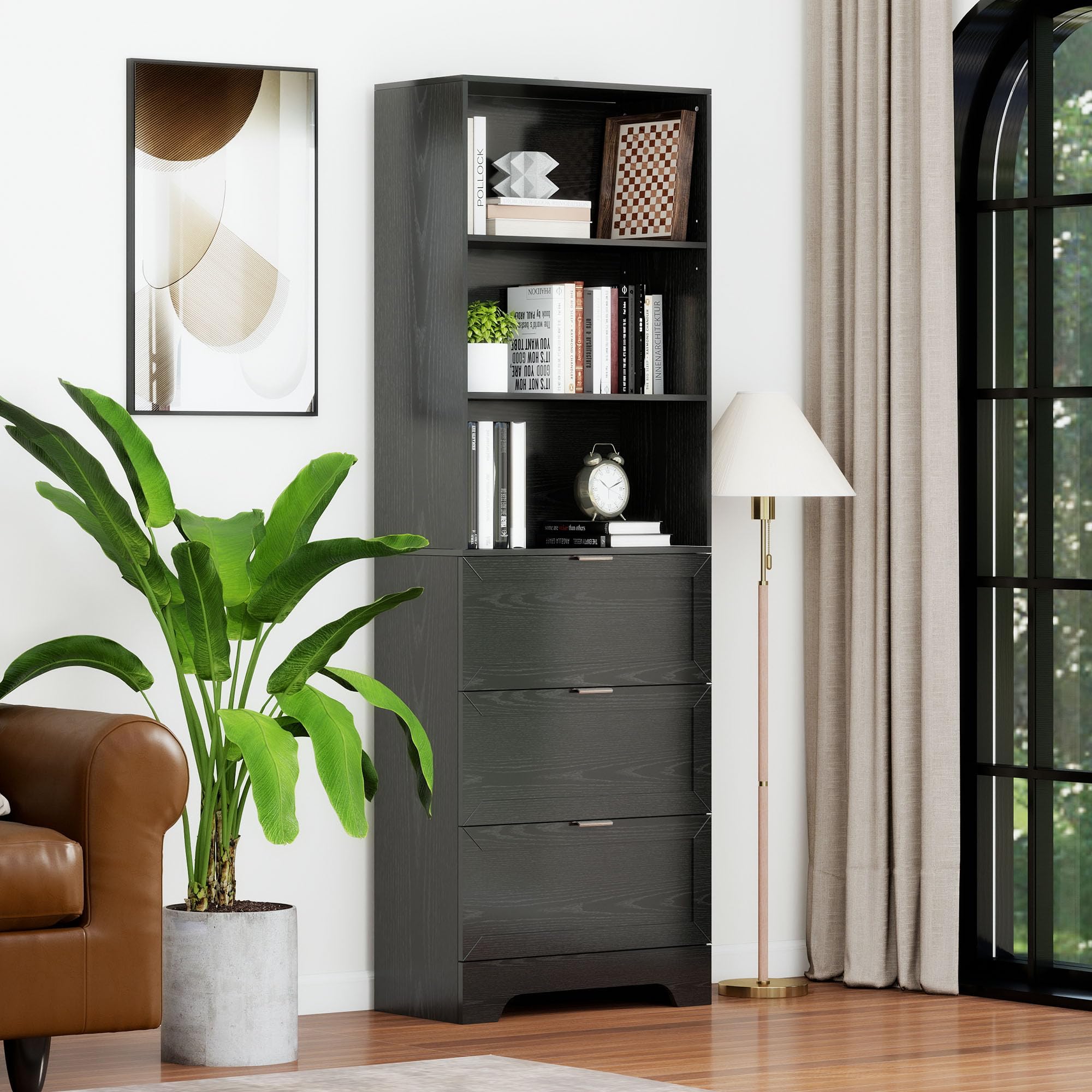 FTZxHKLX Modern Black Bookshelves and Bookcases with Drawers, 6 Tier Tall Bookshelf with Drawers, Industrial Wood Bookcase, Floor Standing Display