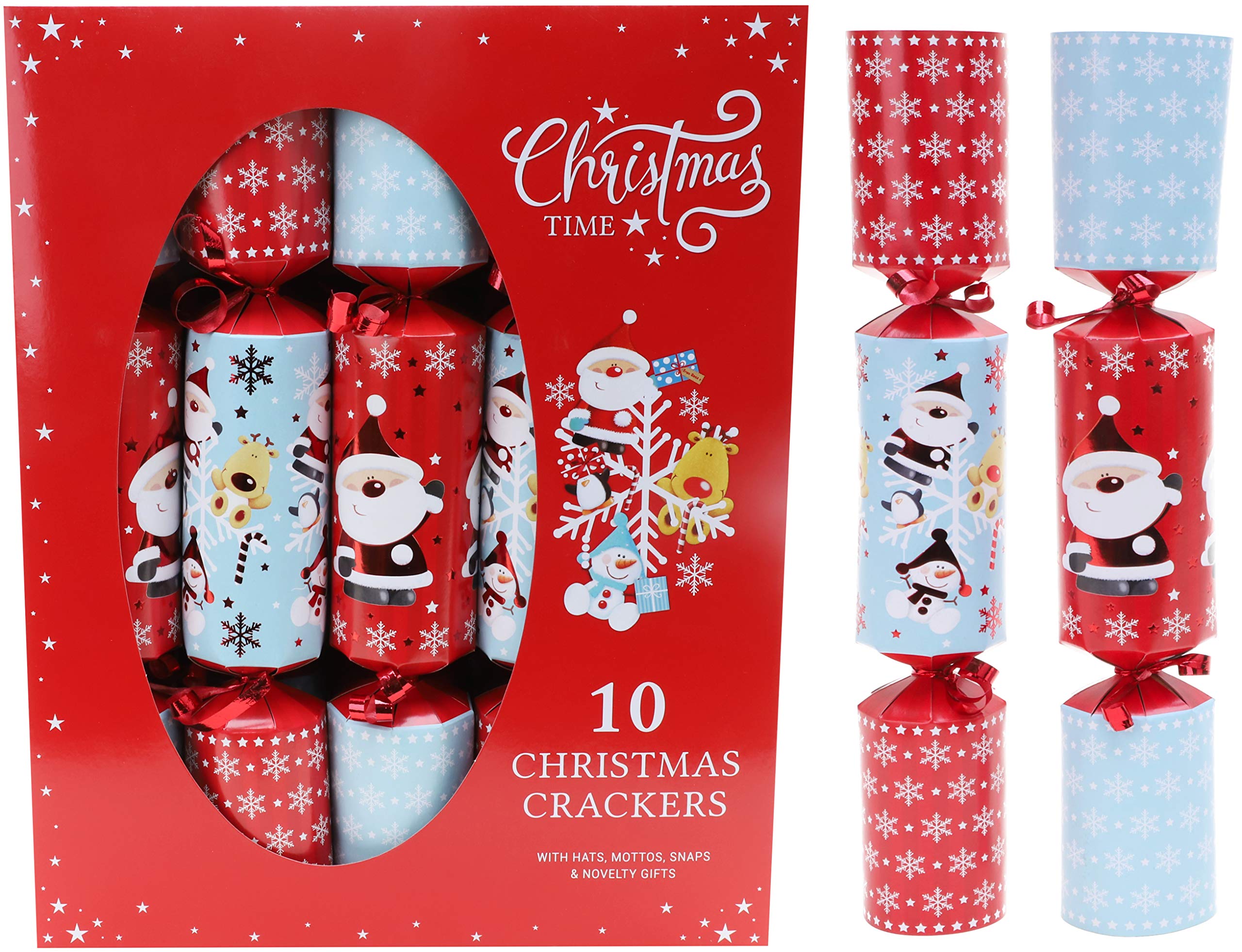 Toyland Red, Blue, White Toyland® Pack Of 10 Large Christmas Crackers - Santa & Rudolph Design - Premium Family Crackers With Hats, Jokes & Gifts - Festive Table Decorations For Parties & Dinner