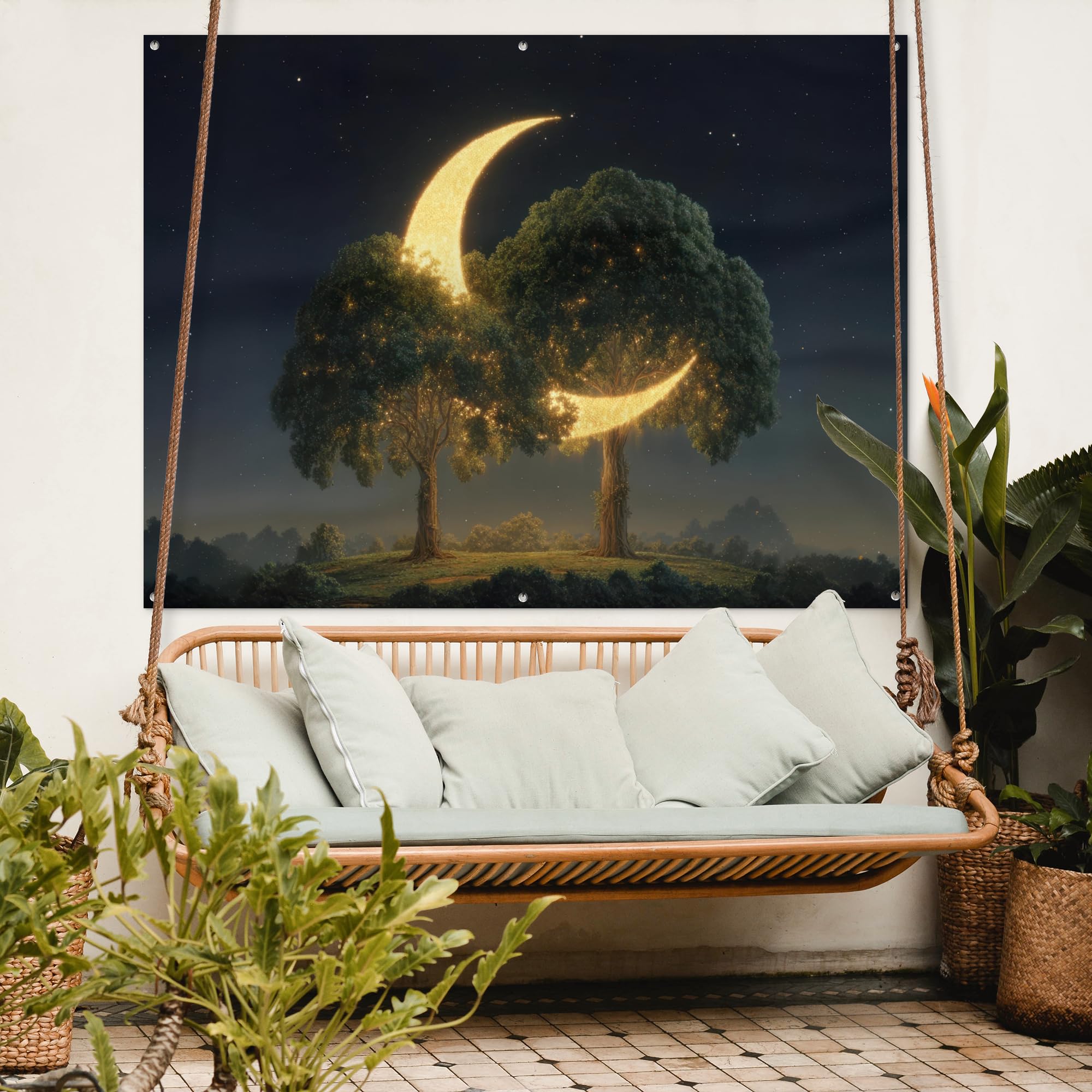 MuchoWow© Poster De Jardin Decoracion Balcón Wall Decoration Adornos Pared | 160x120 cm - Terraza Exterior Decoración Patio Posters Decorativos Luna - Árboles - Descanso