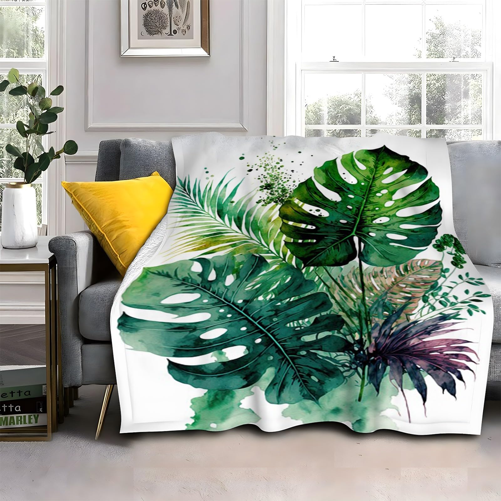 LLSZAHD Green Leaves Blanket, Plants Throw Blanket, Thick Warm Fuzzy Washable Flannel Blanket for Sofa, Chair, Car, Lap, Pets, excellent gift (30"x40")