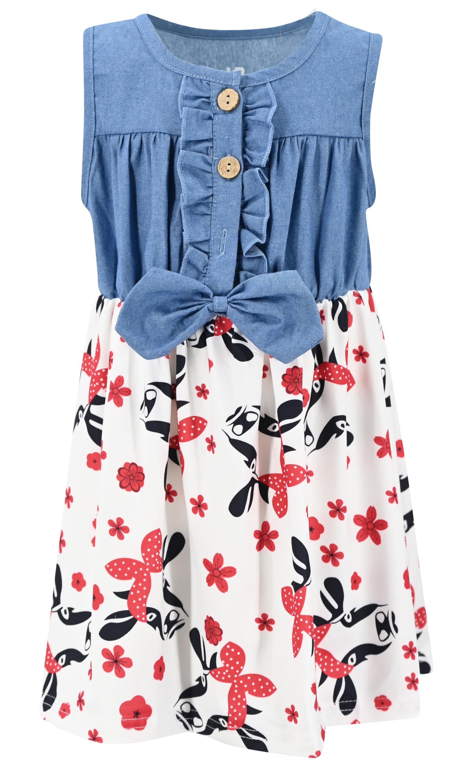 Unique Baby Girls Sleeveless Denim Dress with Knot Tie and Fun Print for Toddler and Big Kids