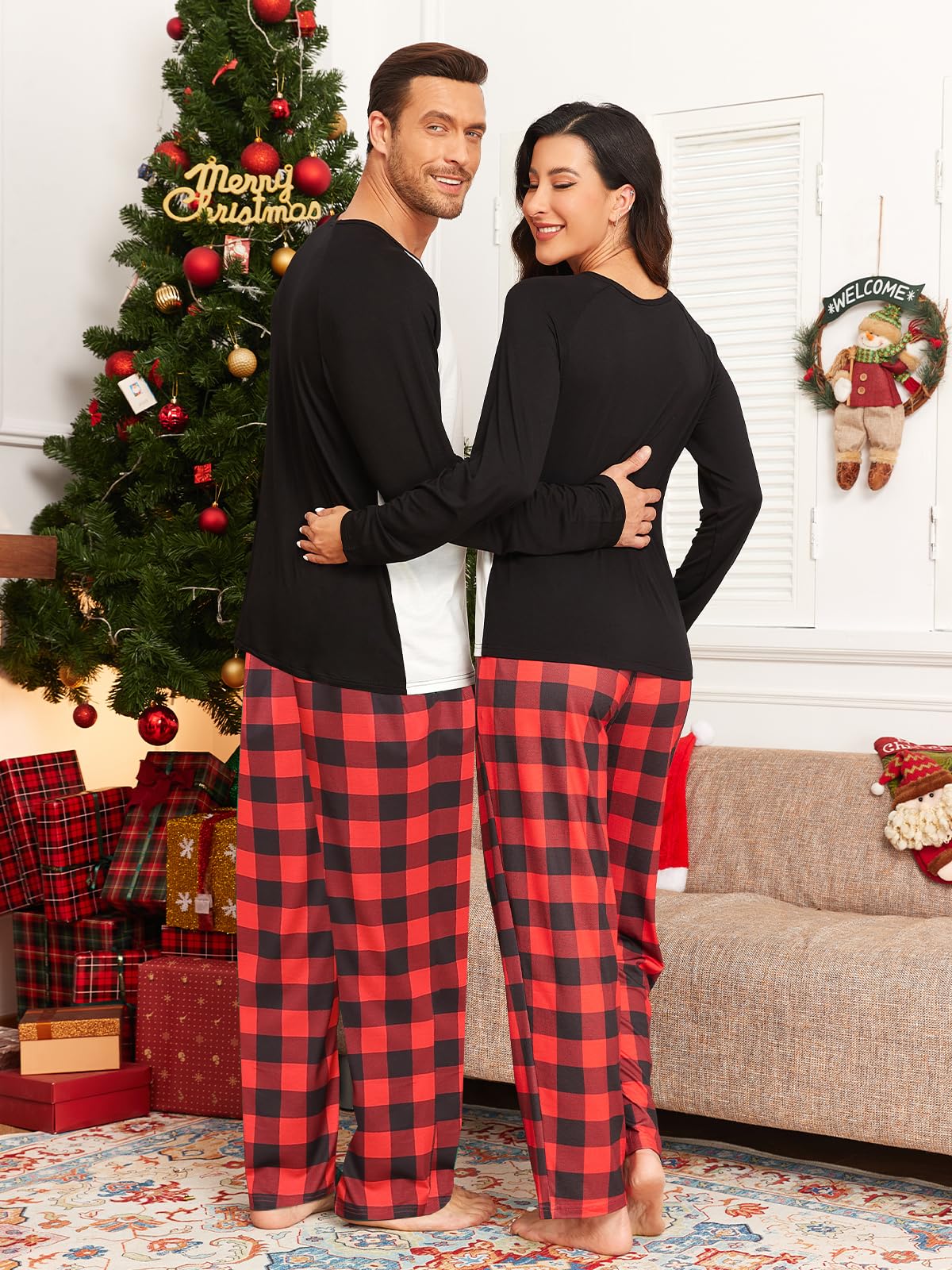 Pijamas de Navidad para parejas, hombres y mujeres, pijamas de manga larga a cuadros navideños estampados con bolsillos