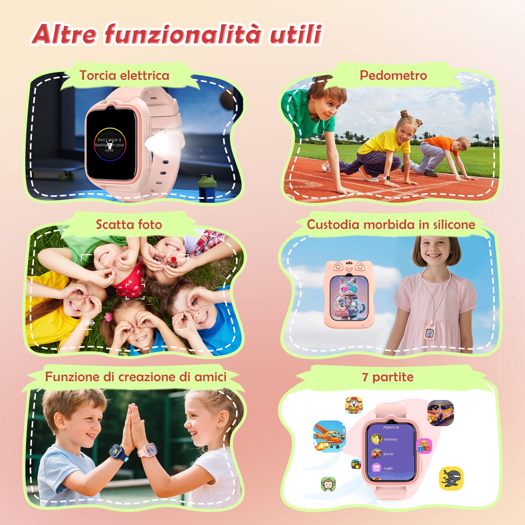 4G Orologio Smartwatch per Bambini con Chiamate Video, GPS, SOS, 7 Giochi, Chat Vocale, Torcia, Contapassi, Fotocamera e Cinturino in Silicone per Bambino 4-12 Anni Regalo, Rosa