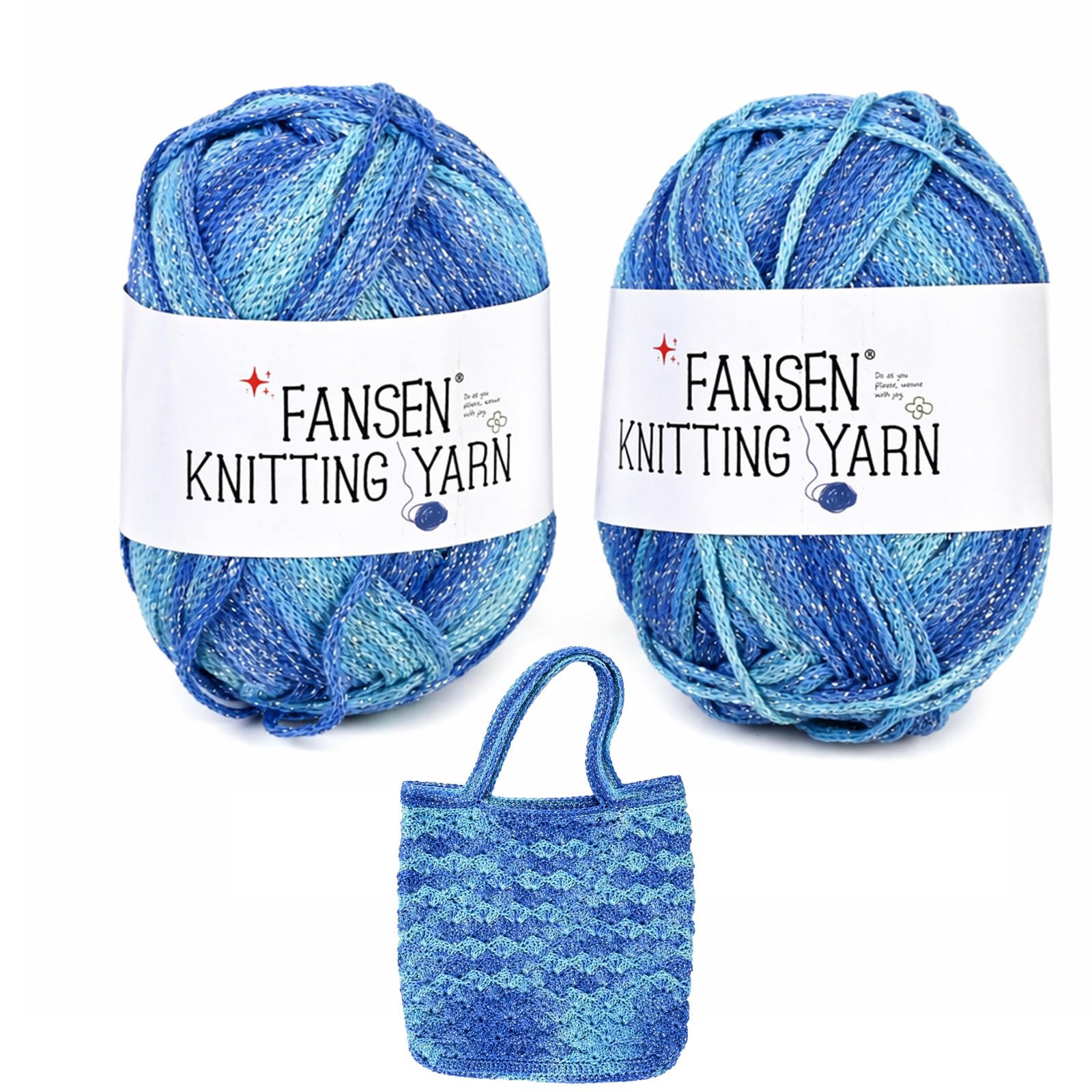 Ombre Crochet Yarn 2.5mm Hollow Cotton Yarn with Silver Sequins, Gradient Thick Yarn for Crochet and Knitting, Premium Cotton Yarn for DIY Bag Making and Crafts (Ocean Blue)