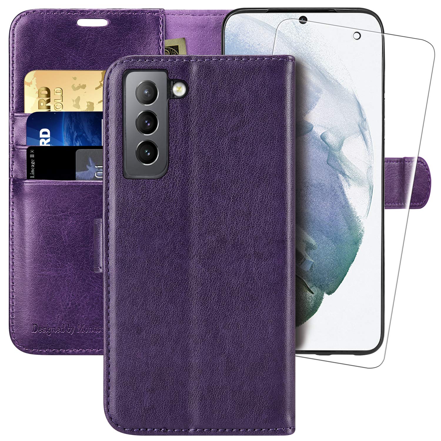 MONASAYWallet Case Compatible for Galaxy S21 5G, 6.2 inch,[Screen Protector Included][RFID Blocking] Flip Folio Leather Cell Phone Cover with Credit Card Holder, Purple