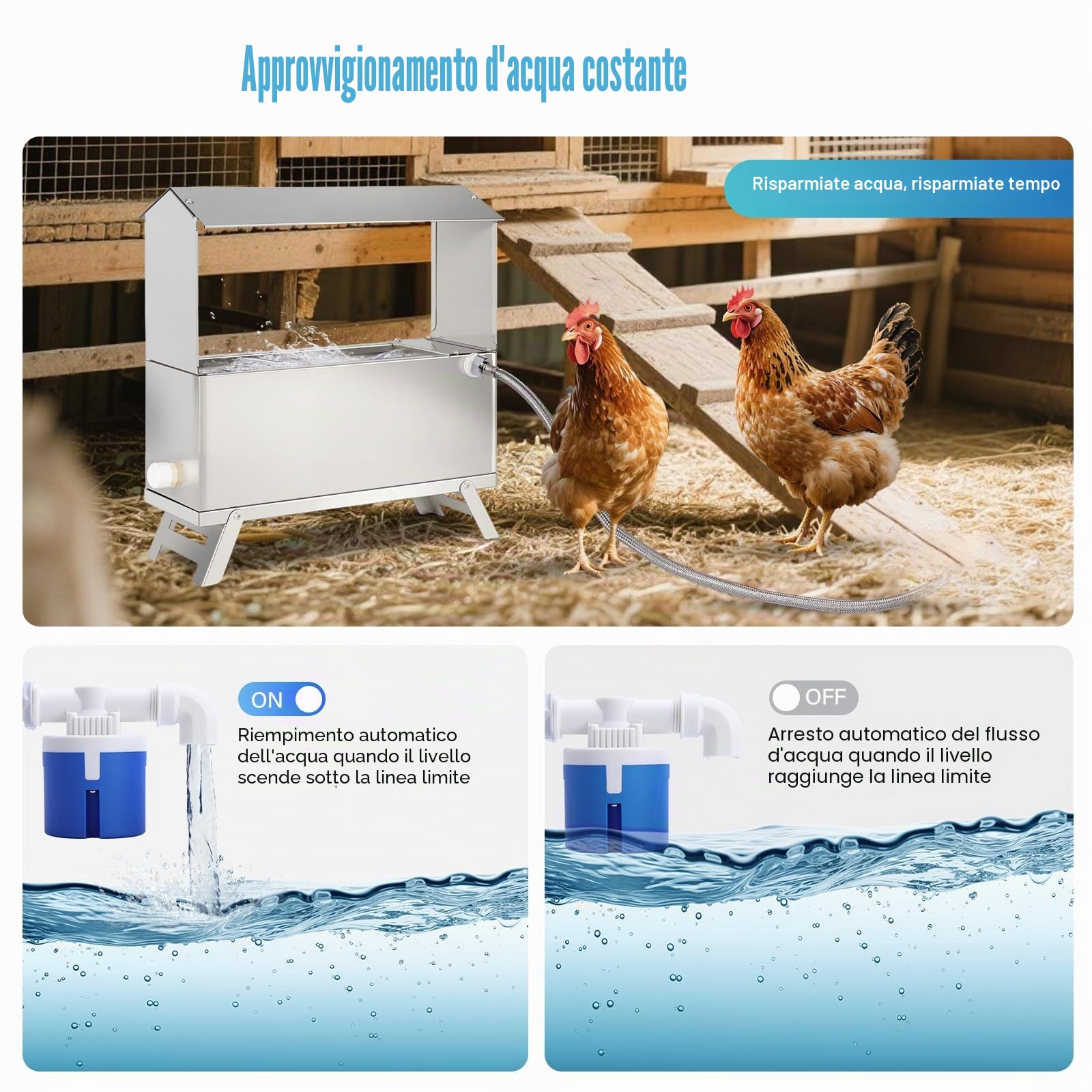 Abbeveratoio automatico per polli in acciaio inox, 9 l, distributore automatico di acqua per pollo, anatra, tacchino, piccione, quaglie con valvola galleggiante e tubo dell'acqua da 150 cm