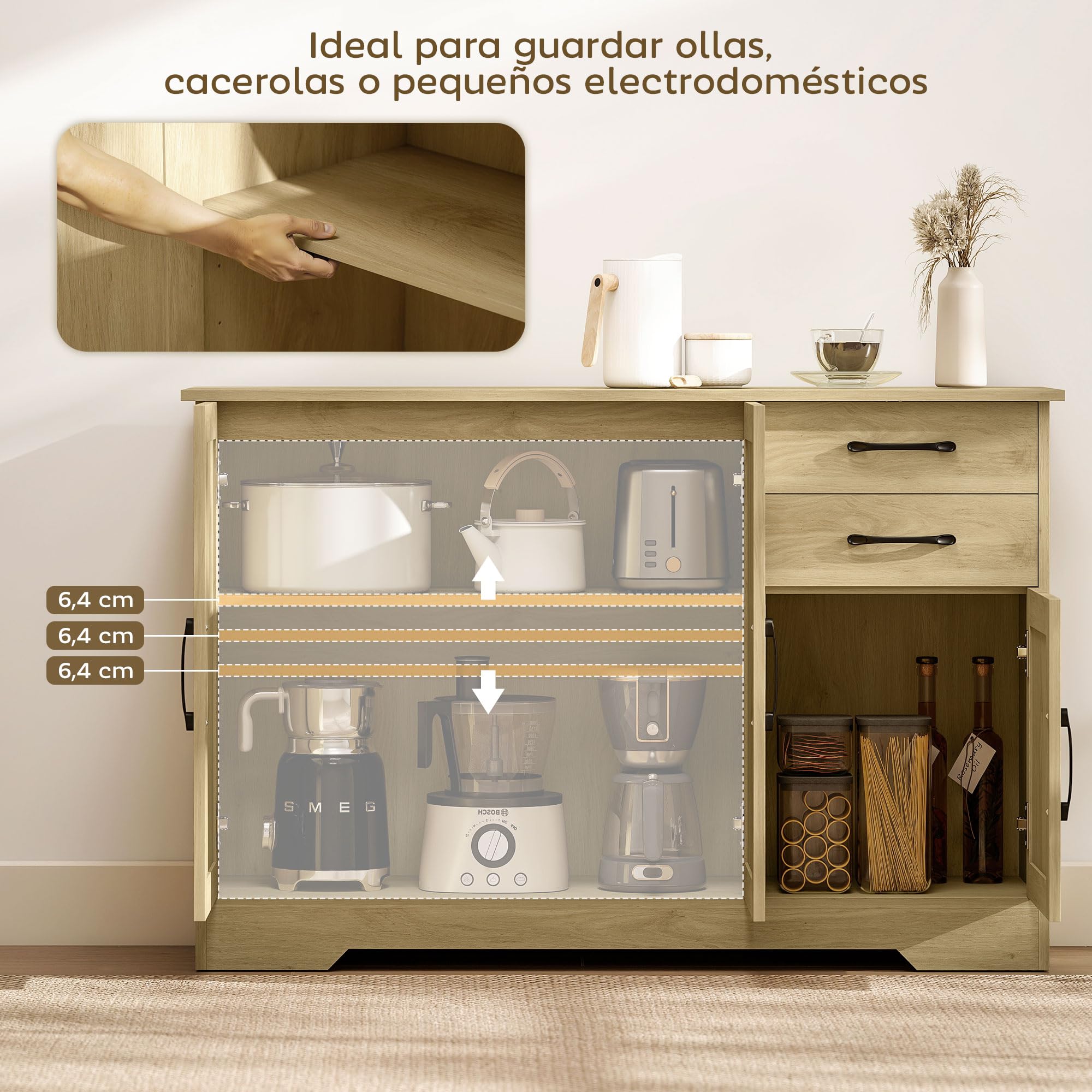 HOMCOM Aparador 3 Puertas, Aparador para Salón Rústico Moderno, con 2 Cajones, Estante Ajustable, Bisagra Cierre Suave, para Comedor, Entrada, Dormitorio, Natural, 120x38x79 cm