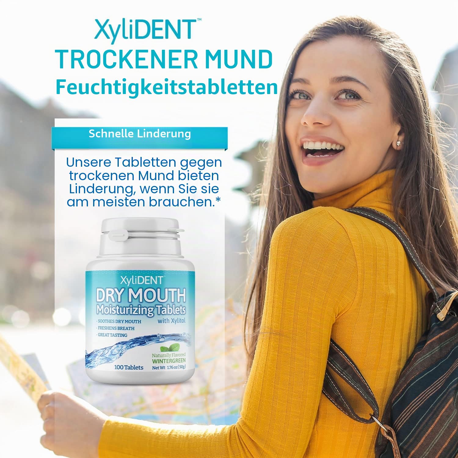 XyliDENT Xylitol-Tabletten für trockene Mundentlastung – stimuliert Speichel, erfrischt den Atem, reduziert Säureproduktion, schnell wirkend, verlängerte Entlastung, 100 Stück (Wintergrün)