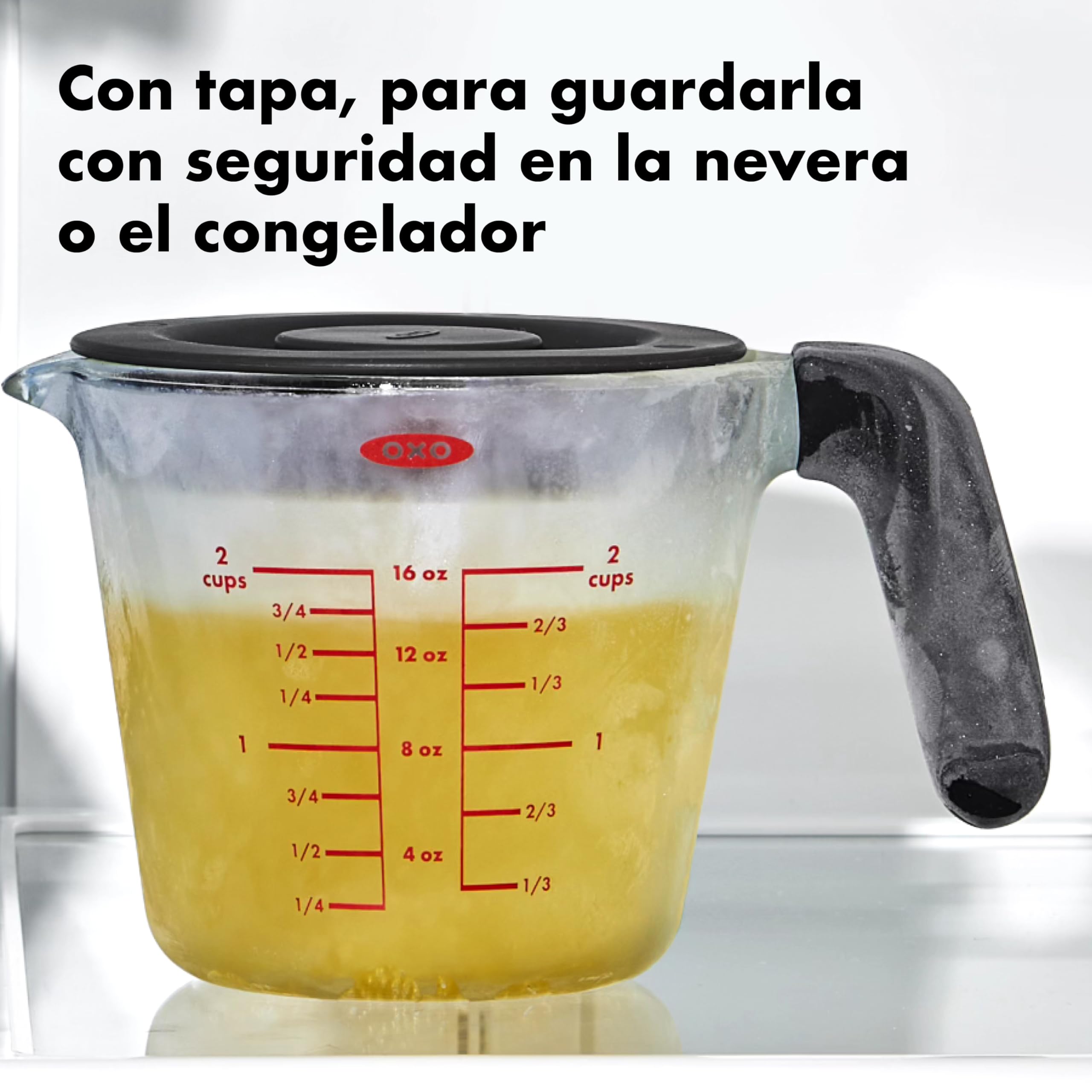 OXO Good Grips Taza medidora de vidrio con tapa, 500 mL | Vidrio borosilicato resistente a choques térmicos, pico antigoteo, tapa segura, mango antideslizante