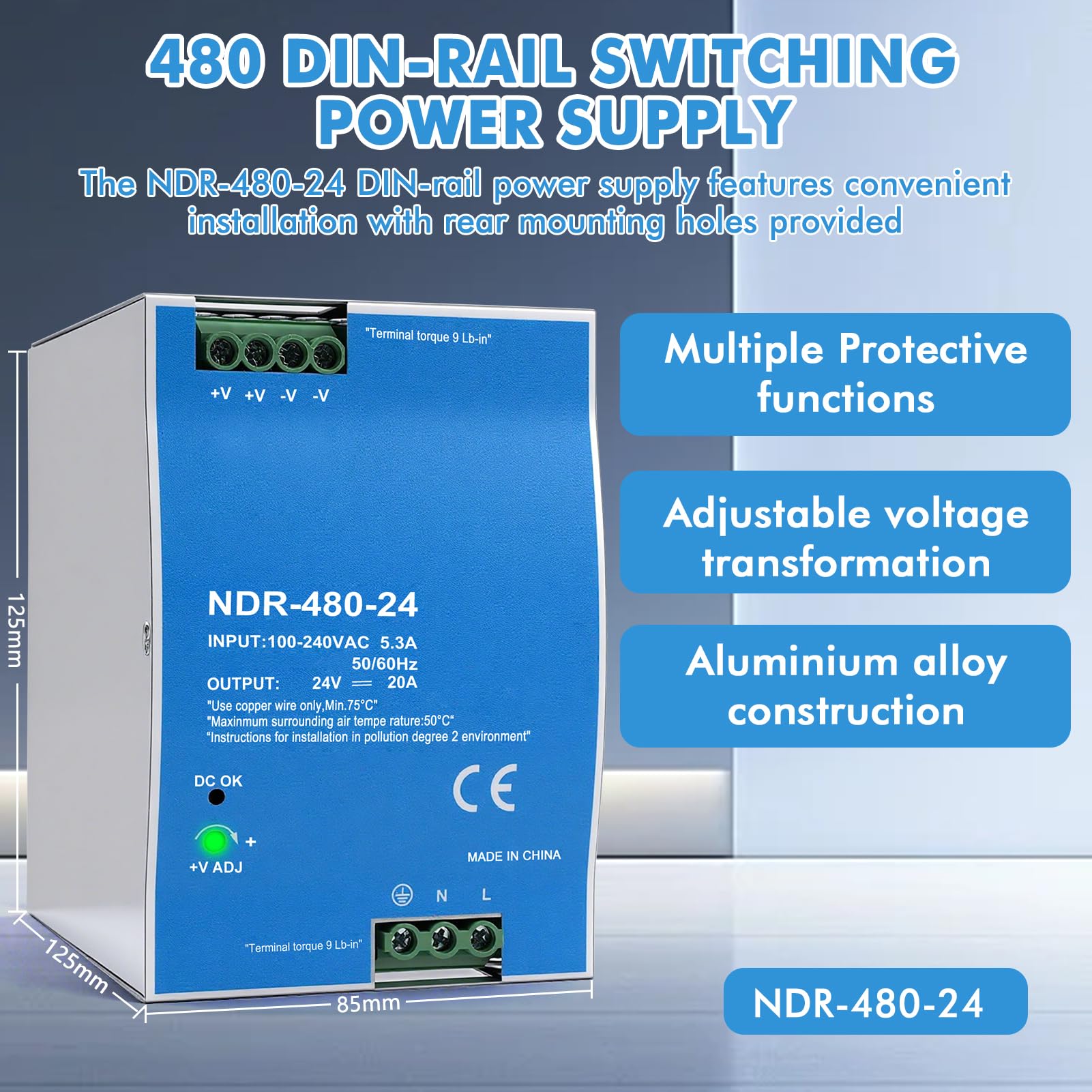 Fuente alimentacion 24V carril din de 480W Transformador 220v a 24v Entrada CA 100-240V 5,3A Salida CC 24-v 20A Múltiples funciones de protección Modelo industrial NDR-480-24V.