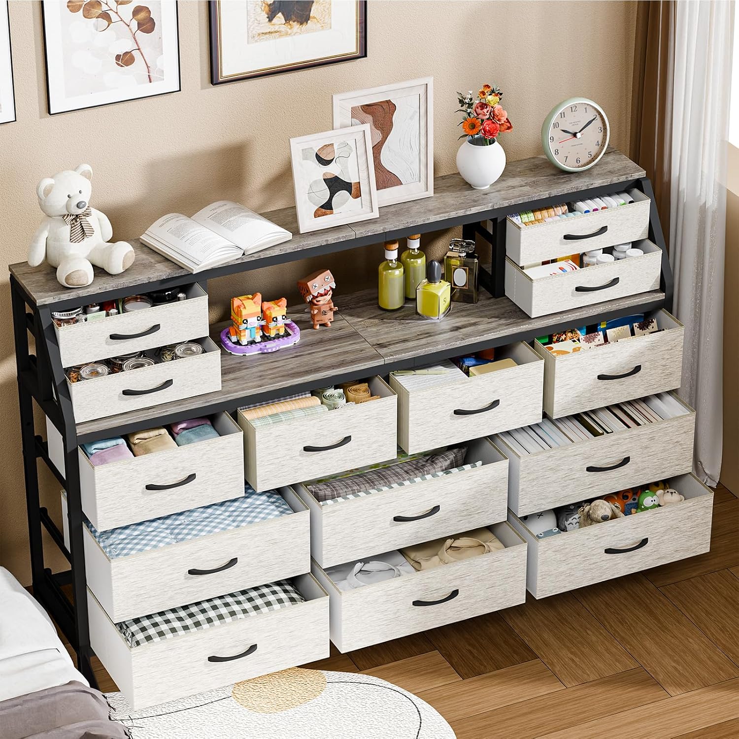 Dresser for Bedroom, 55" TV Stand with 14 Drawers, Long Dresser & Chests of Drawers with Shelves & Sturdy Metal Frame & Wood Top (Greige)