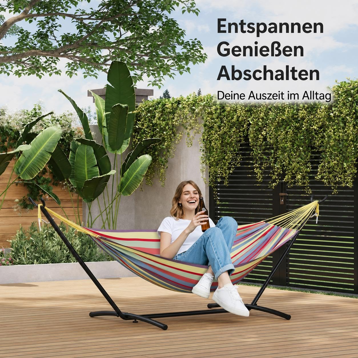 Hamac Double avec Support Acier Robuste Portable Pliable Sac Transport Jardin terrasse extérieur