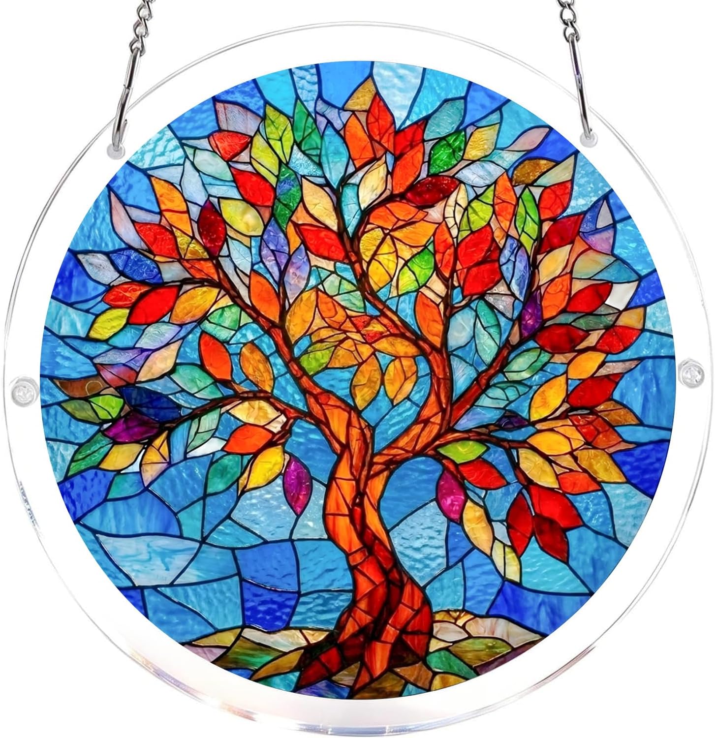 Round Glass Pendant Suncatcher, Tree of Life Stained Glass Suncatcher Supplies Window Hanging, DIY Sun Catcher with Unique Irregular Pieces, Home Decor Gift for Women Mom 10x10 inch