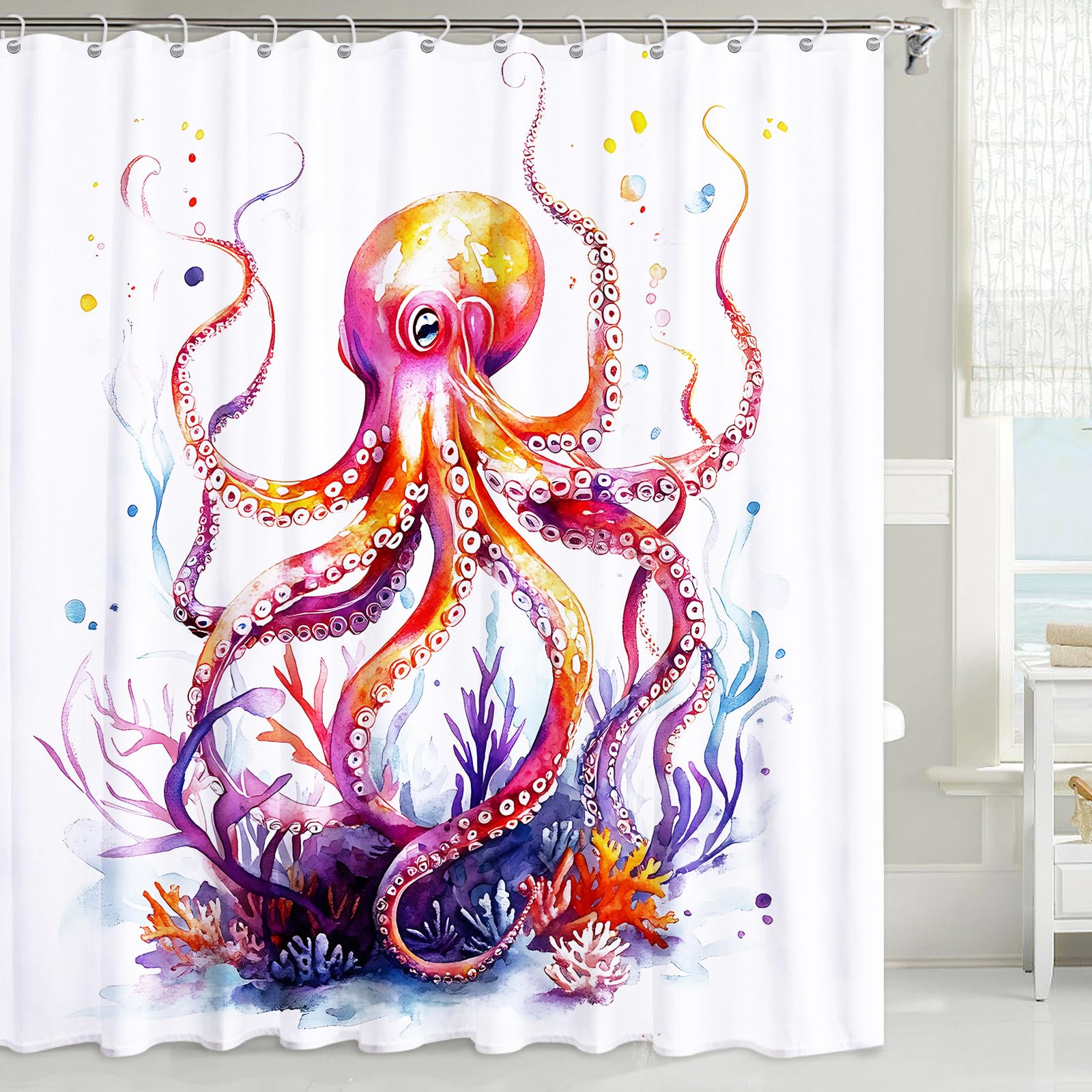 ROHIONE Funny Octopus Shower Curtain, Novelty Kraken Waterproof Shower Curtain, Sea Ocean Animal Print Thick Polyester Fabric Bathroom Curtain Set Octopus Bathroom Decor