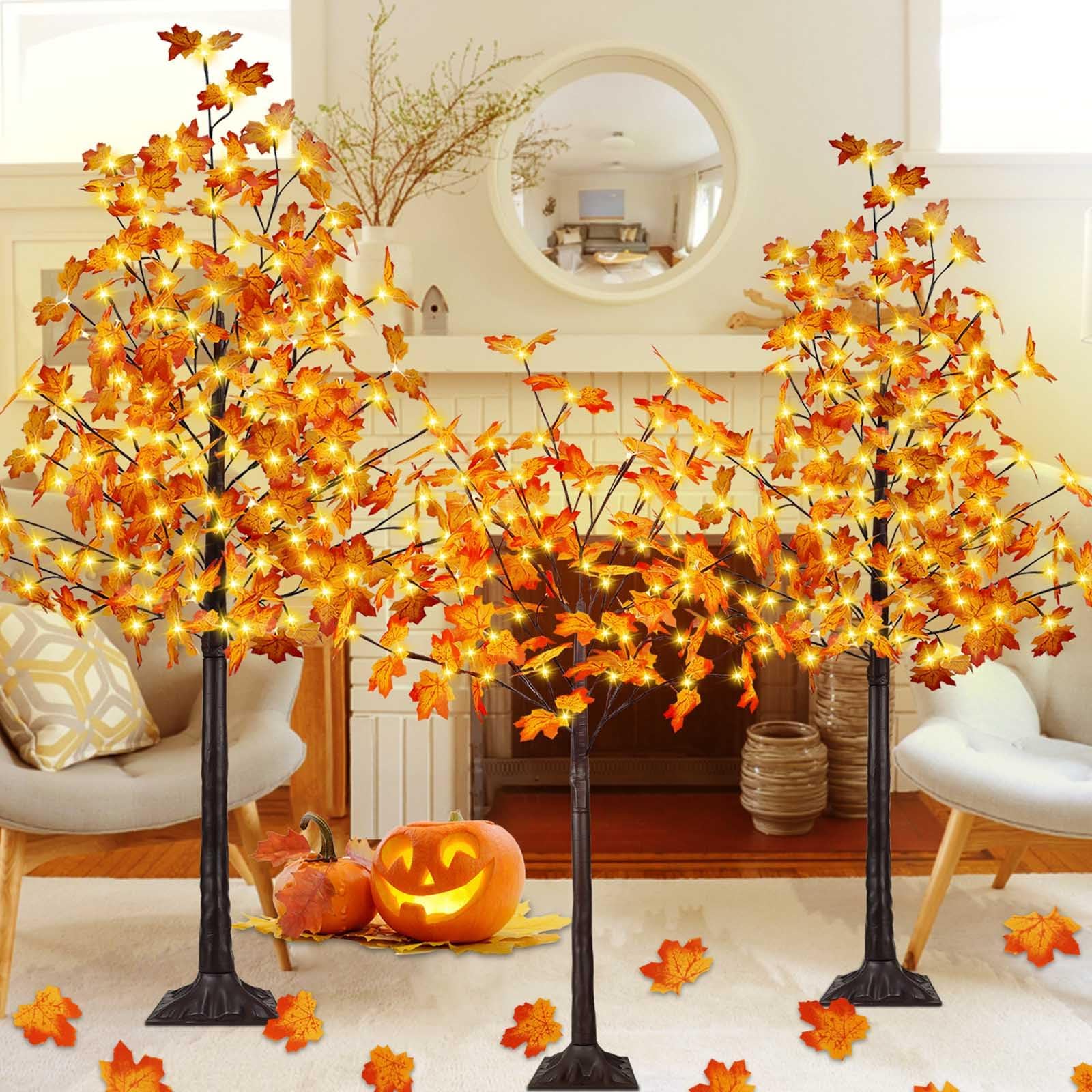 3Pack 4FT 5FT and 6FT 300 LED Artificial Lighted Maple Tree,Timer Function Prelit Fall Decor Maple Tree with Warm White Light for Indoor Outdoor Harvest Halloween Thanksgiving Day