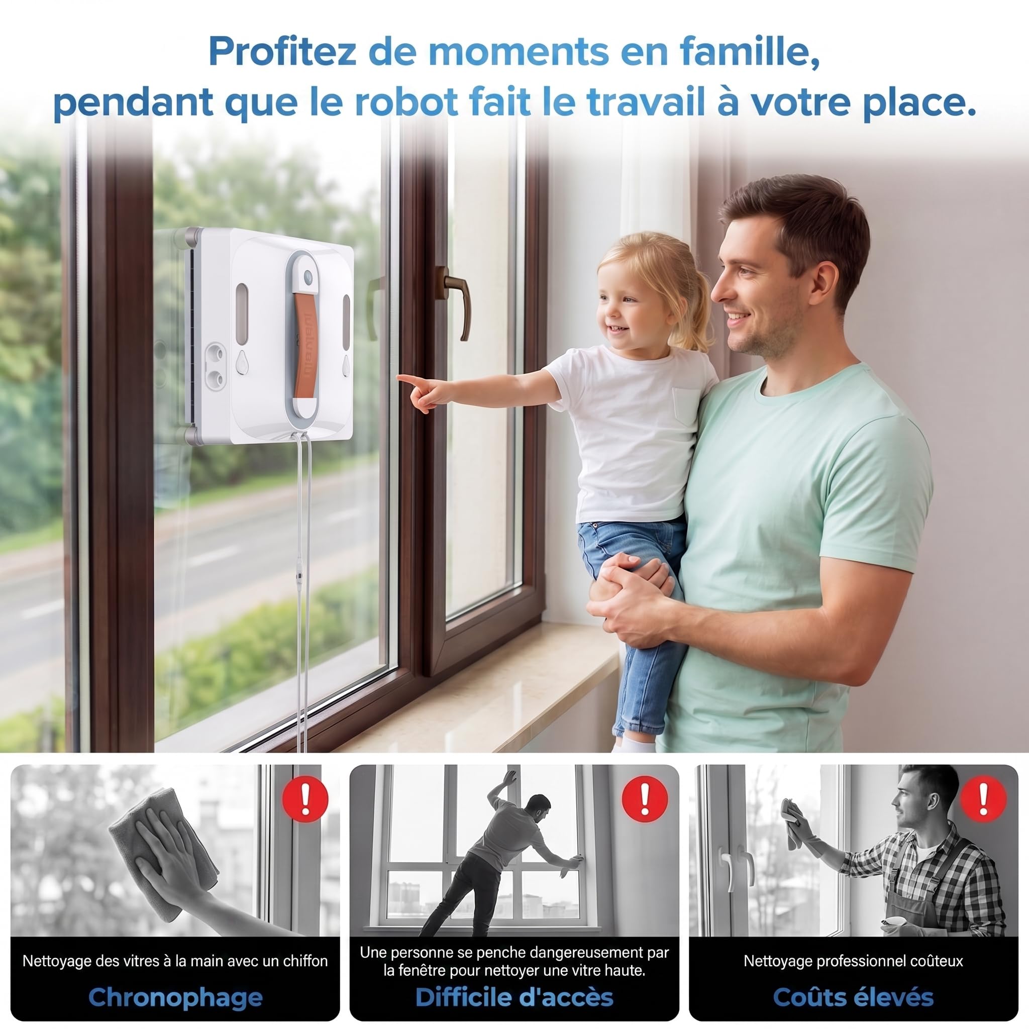 Lubluelu Robot Lave-Vitres avec Navigation IA, Aspiration 8 kPa, Double Pulvérisation, Réservoir 80 ml, Système de Sécurité 8 Niveaux, Nettoyage Automatique des Vitres (Blanc)
