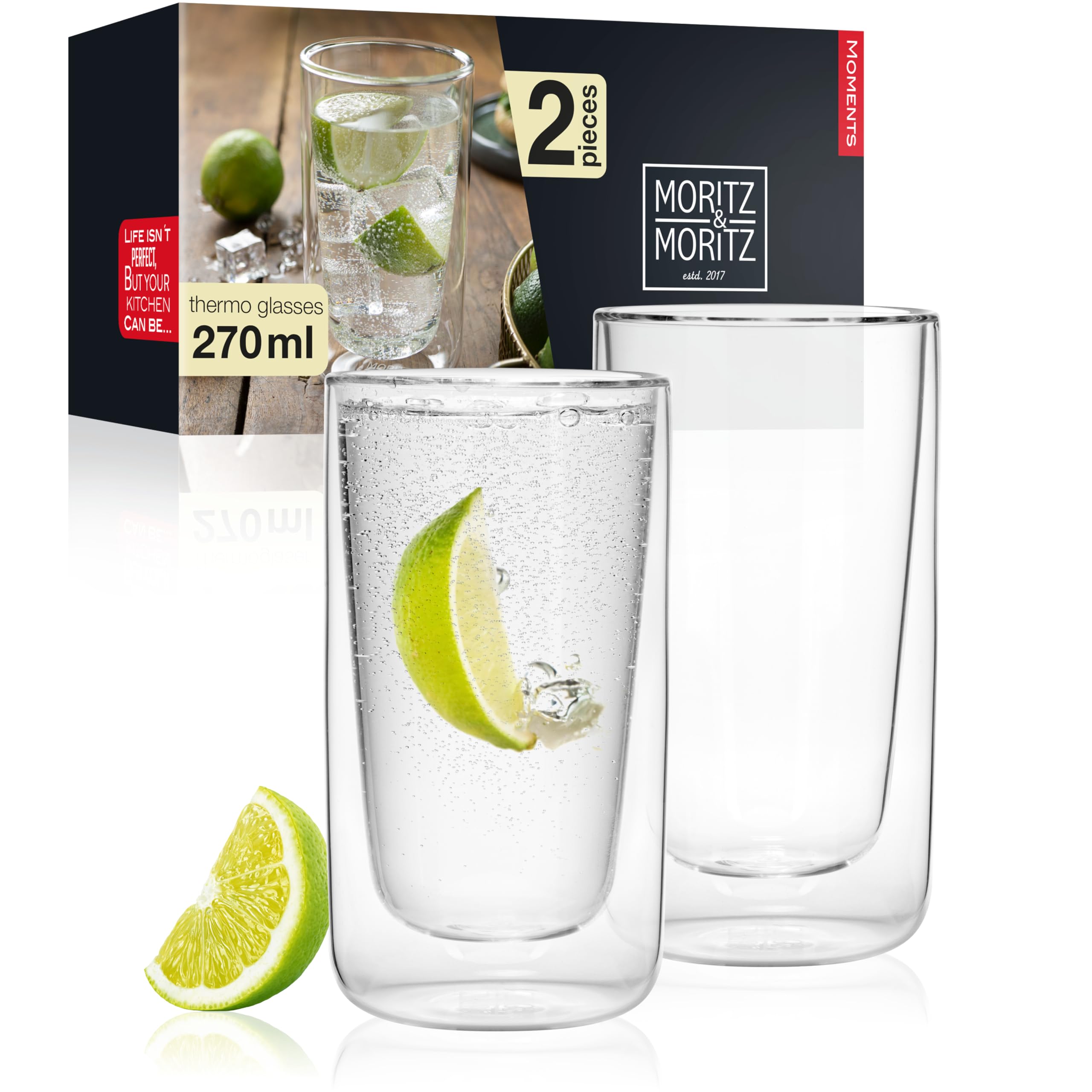 Moritz & Moritz 2 x 270 ml Drinking Glasses Set Double-Walled - Double-Walled Glasses for Cocktails, Water, Tea, Coffee or Long Drinks - Dishwasher Safe