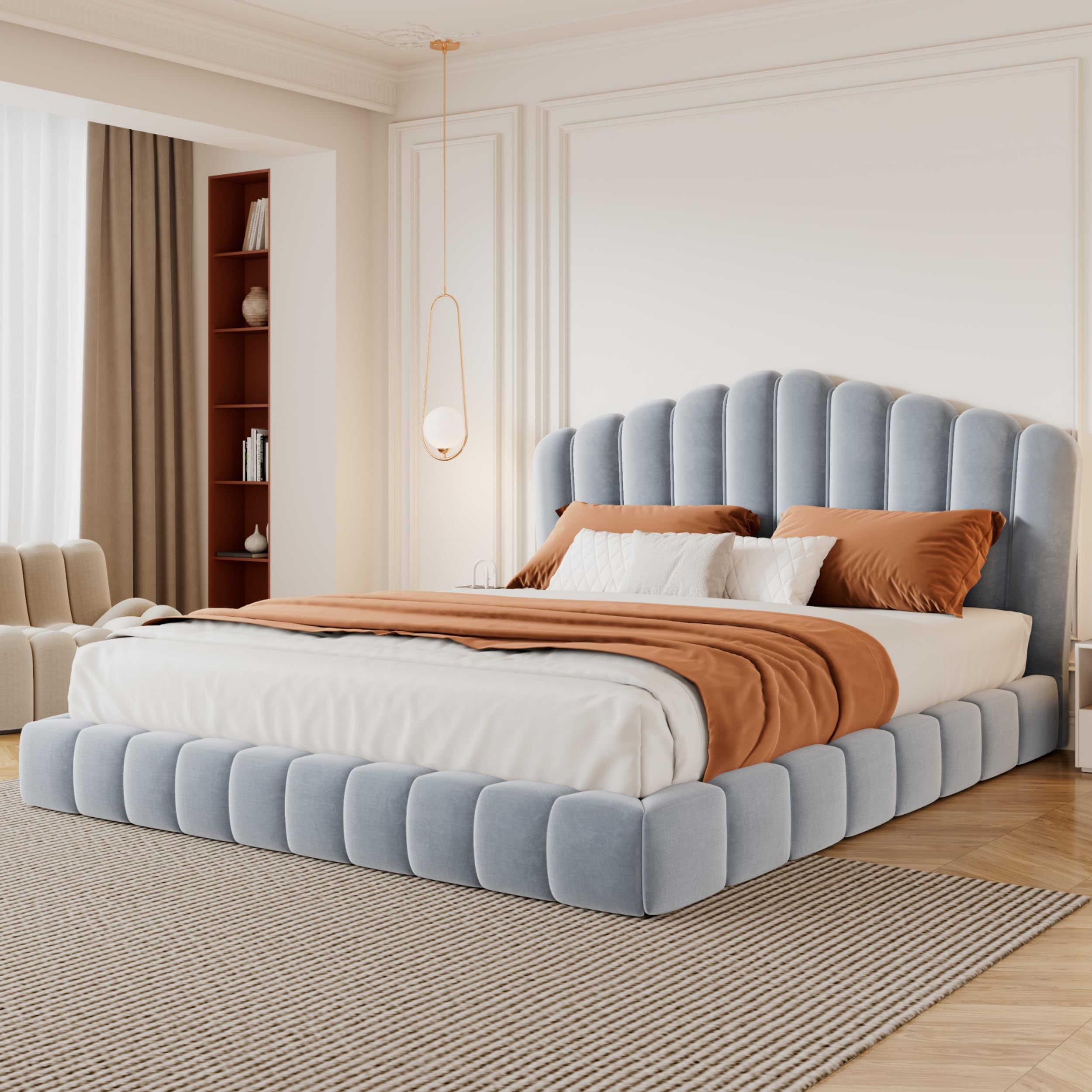 Merax Queen Size Floor Platform Bed Frame,Velvet Upholstered Bedframe with Shell-Shaped Headboard and Cushioning All Around Guards for Bedroom,No Box