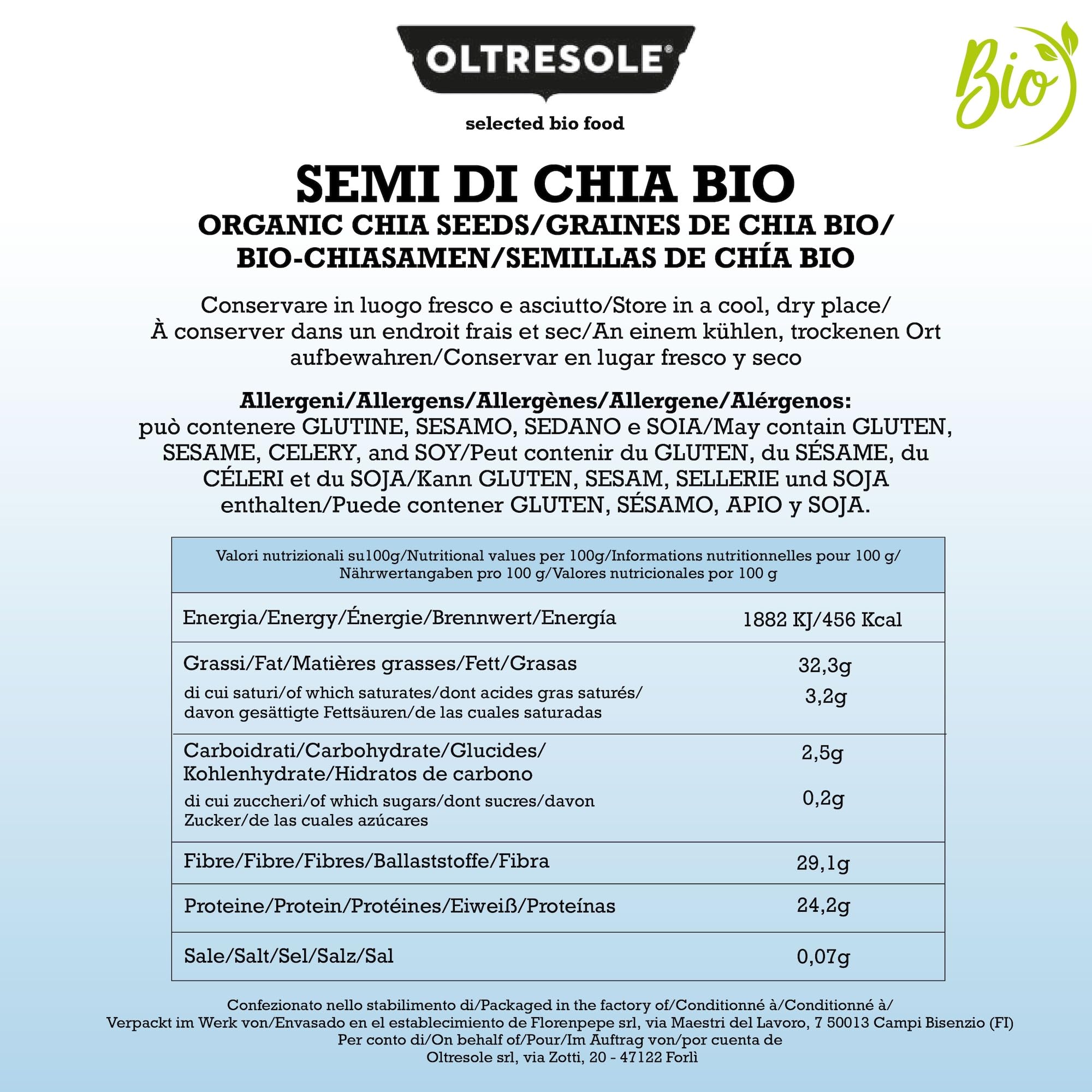 Oltresole - Organic Chia Seeds 3 kg - Organic Crude Oil Seeds, Source of Protein and Fiber, Naturally Gluten Free, Ideal for Salads or Enriched Oven Products, Convenient Packaging