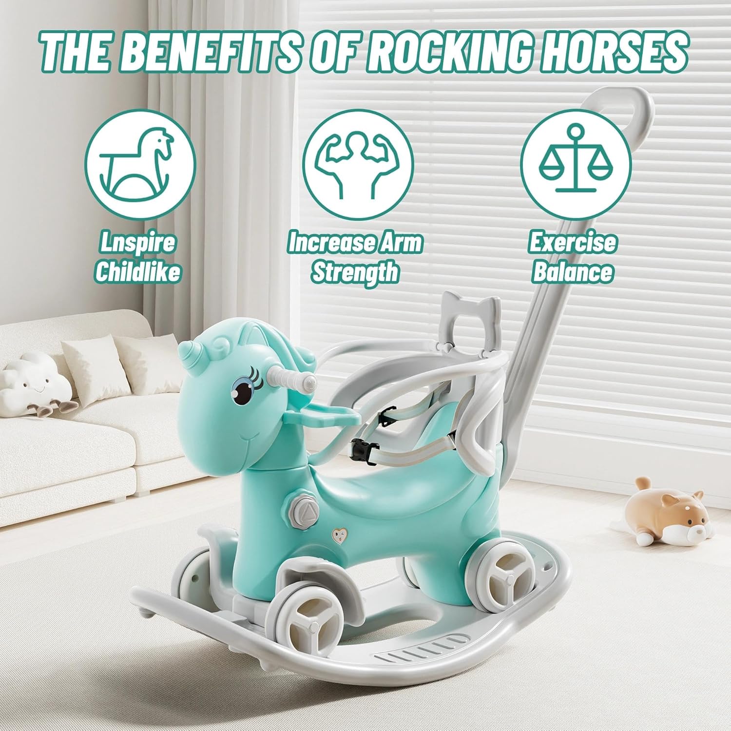 Rocking Horse for Toddlers 1-3 Years,4 in 1 Design, Kids Ride on Toy Balance Bike Push Cart with Detachable Balance Board,Fun Birthday Gifts-Blue