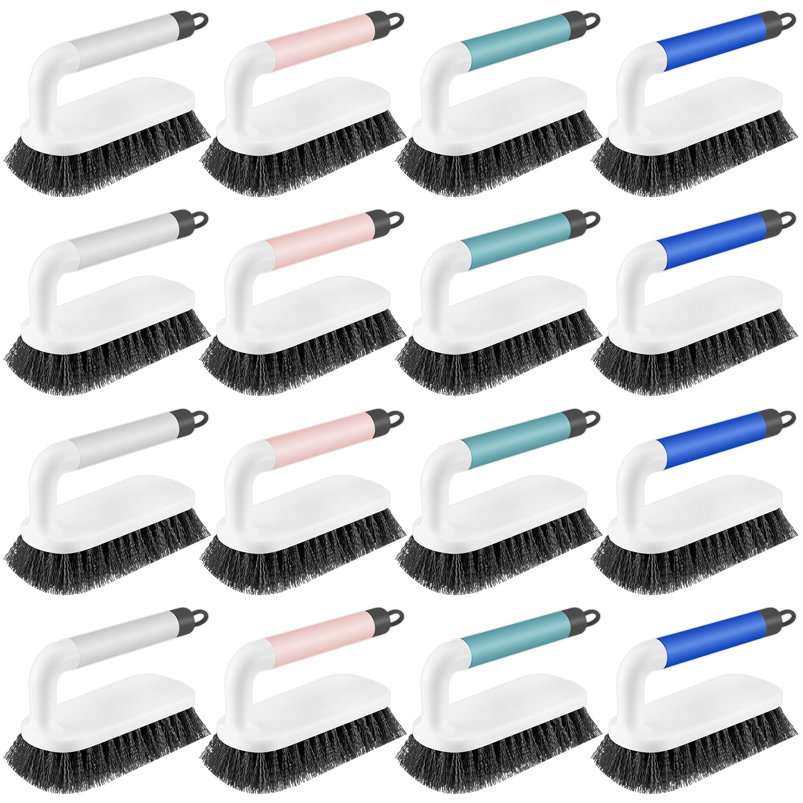 Teenyyou 16 Pack Scrub Brush Heavy Duty Cleaning Brushes with Handle Stiff Bristles Scrub Brush Bulk for Shower Bathroom Carpet Kitchen Bathtub Scrubber, Grey, Blue, Green, Pink