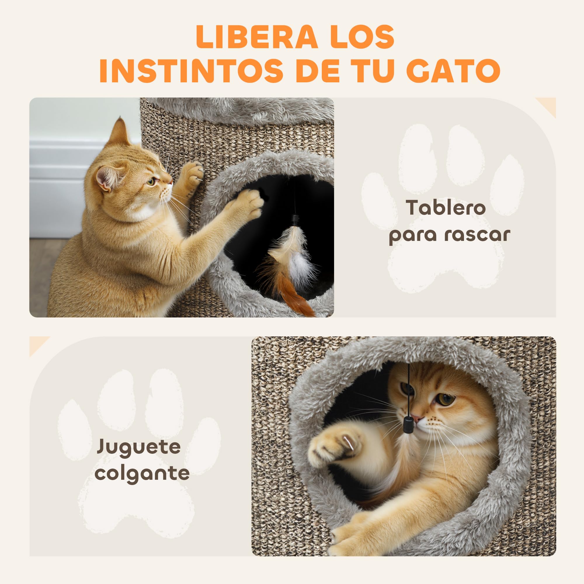PawHut Casa para Gatos 3 en 1 Taburete, Reposapiés, Cama para Gatos con Rascador, Patas de Madera y Pluma Colgante, Cueva para Interior, 36x36x38 cm, Gris