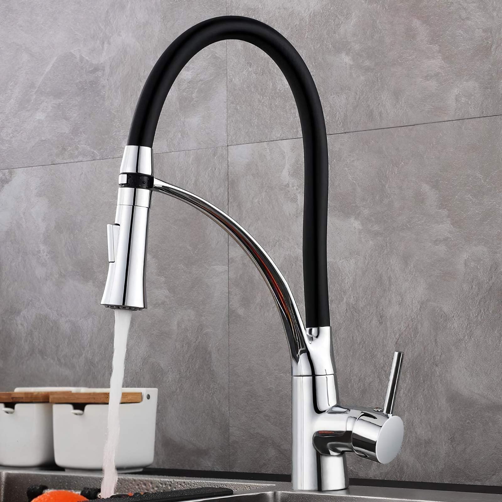 GAVAER Kitchen Taps, Kitchen Tap with 360° Swivel Kitchen Mixer and Black Silicone Hose, kitchen mixer tap with 2 Modes Extractable Handheld Shower Cold & Hot Water Available Chrome Finish Solid Brass
