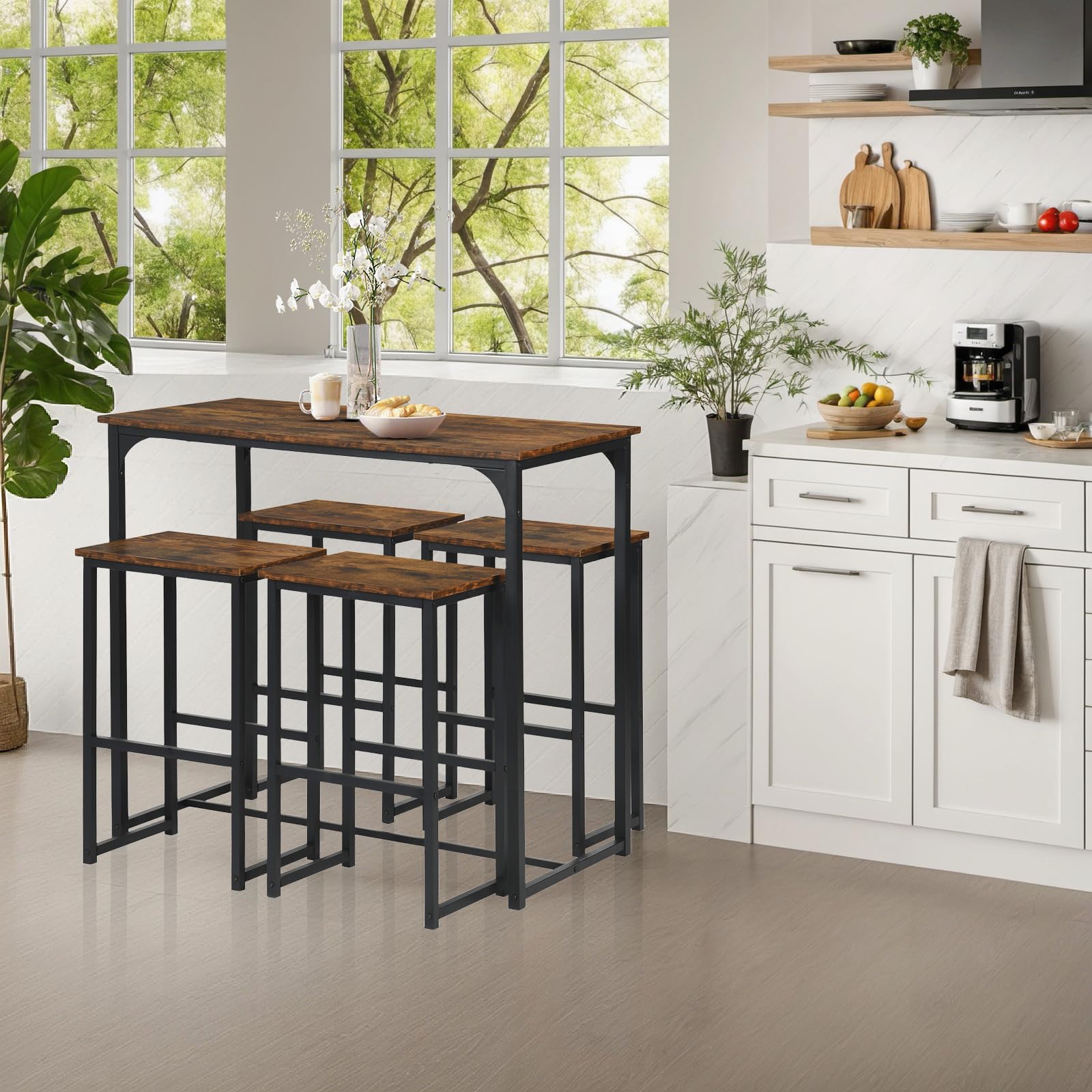Tavolo Bar con 4 Sgabelli, Set Tavolo Cucina Penisola Vintage (100x50x90cm) - MDF+Ferro Robusto, Sedia con Poggiapiedi Anti-Graffio, Adatto per Sala da Pranzo Balcone Bistrot (Marrone Retrò)