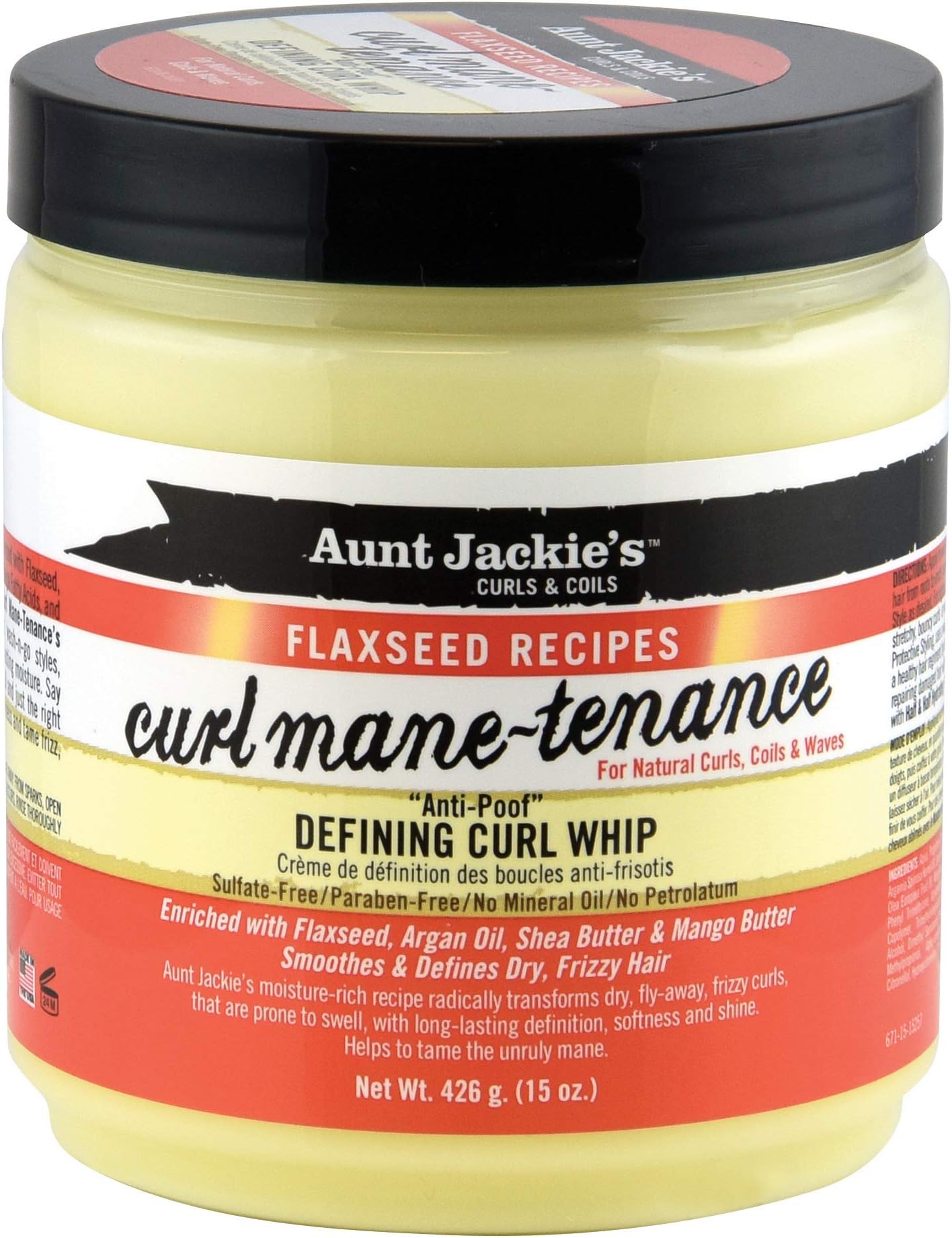 Aunt Jackie's Flaxseed Recipes Curl Mane-tenance, Lightwieght Anti-Poof Defining Curl Whip, Enriched with Flaxseed, Argan Oil and Shea Butter, Great for Dry and Frizzy Hair, 15 Oz Jar, Orange