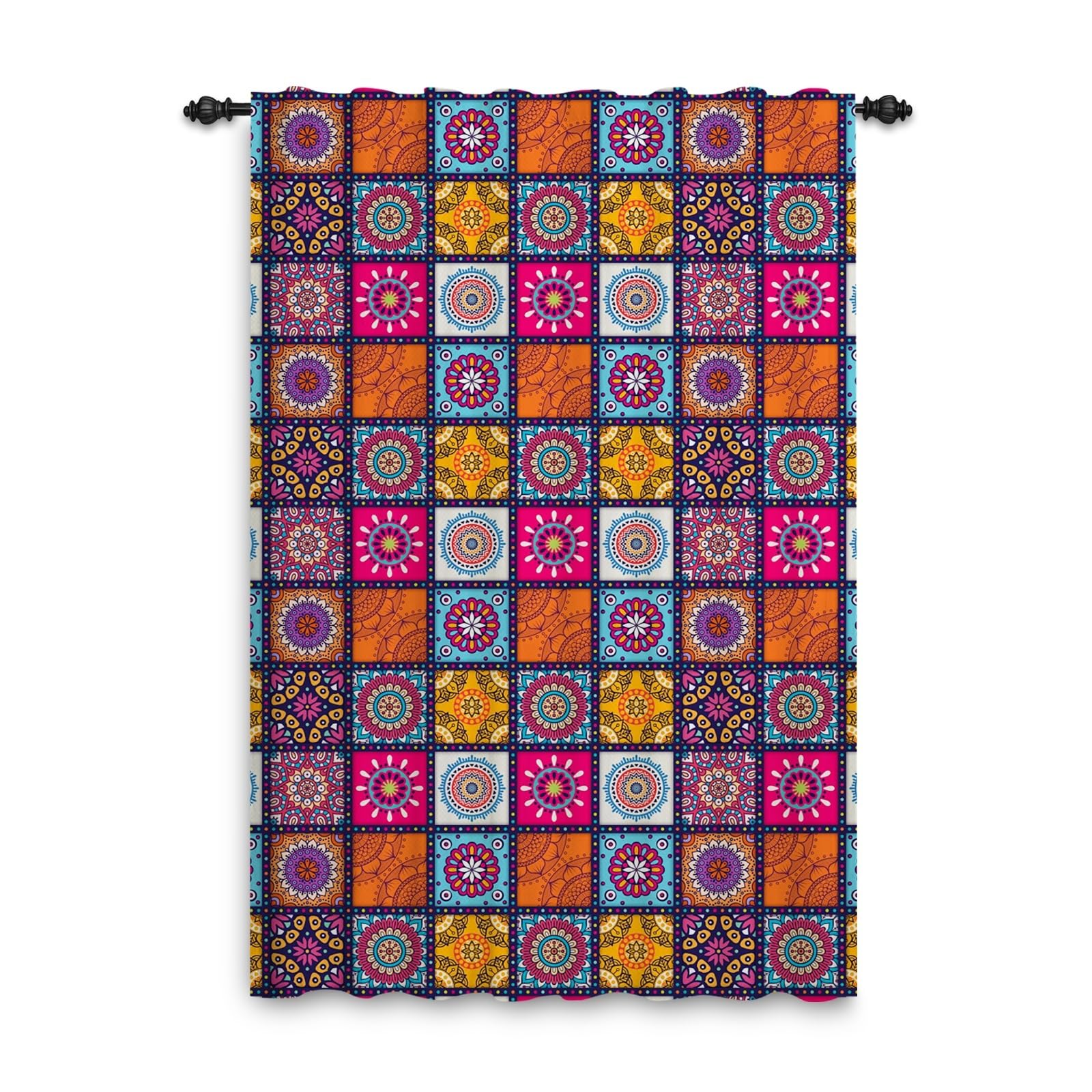 Cortina de Patchwork Bohemia Mandala Patrón Abstracto Hippie Cortina marroquí Pliegue de lápiz Decoración de Ventana Dormitorio Comedor Cortina Bolsillo para Barra 117x183cm 1 Panel