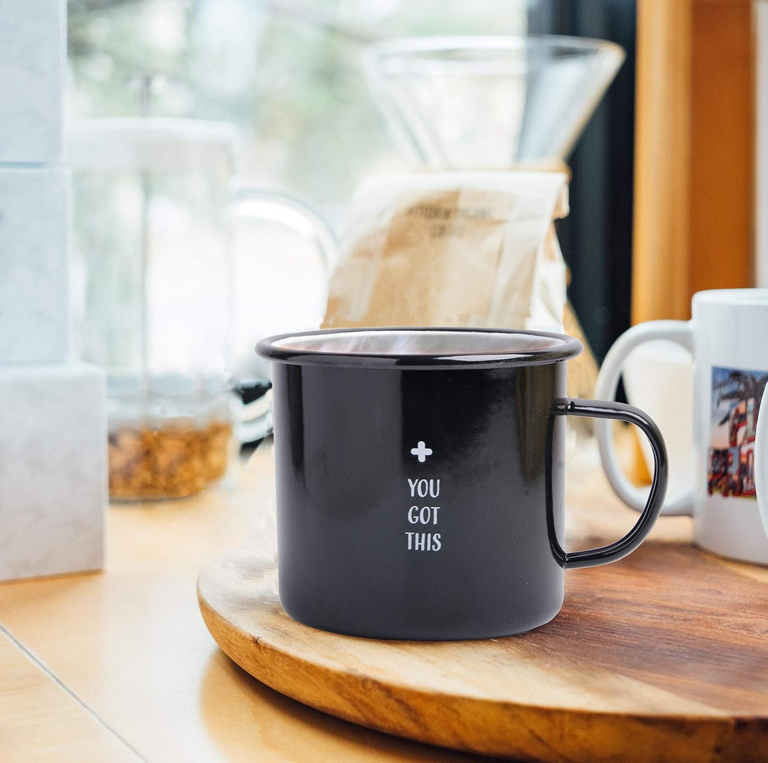 Palais Essentials Large Light Weight Camping Coffee Mug - Tin Cup Enamel Coated - Holds 24 Oz (Black - You Got This)