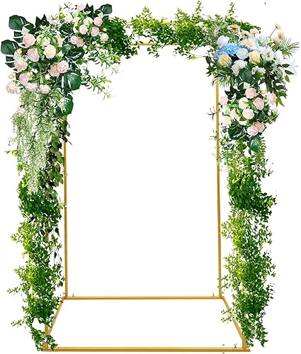 Arco cuadrado decorativo de boda de 3.7 ft x 5.9 ft con bases, soporte de fondo de cabina de fotos de metal de doble tubo dorado para boda,