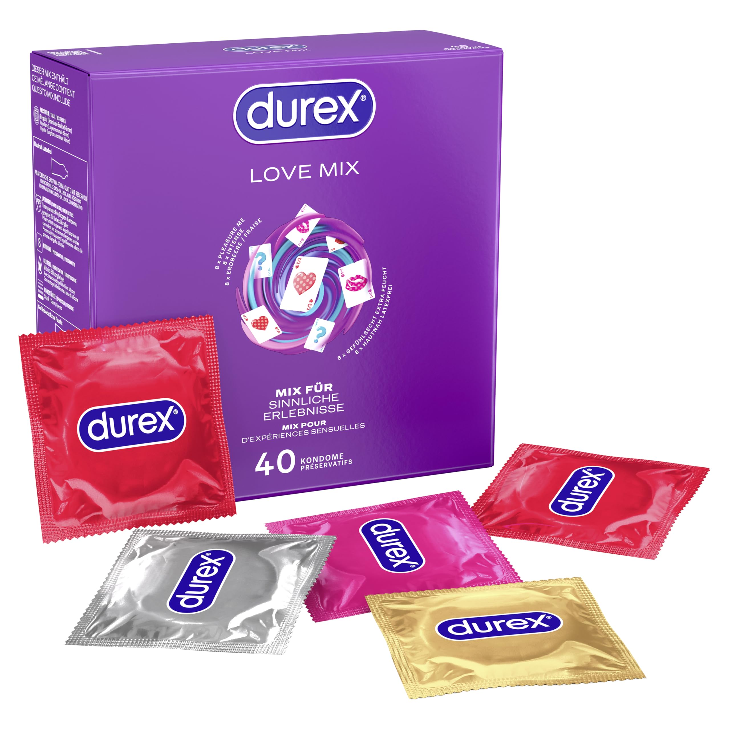 Durex Love Mix Kondome-Mischung – Vielseitige Mixpackung mit 5 verschiedenen Kondom-Sorten zum Ausprobieren – 40 Kondome (1er Pack)