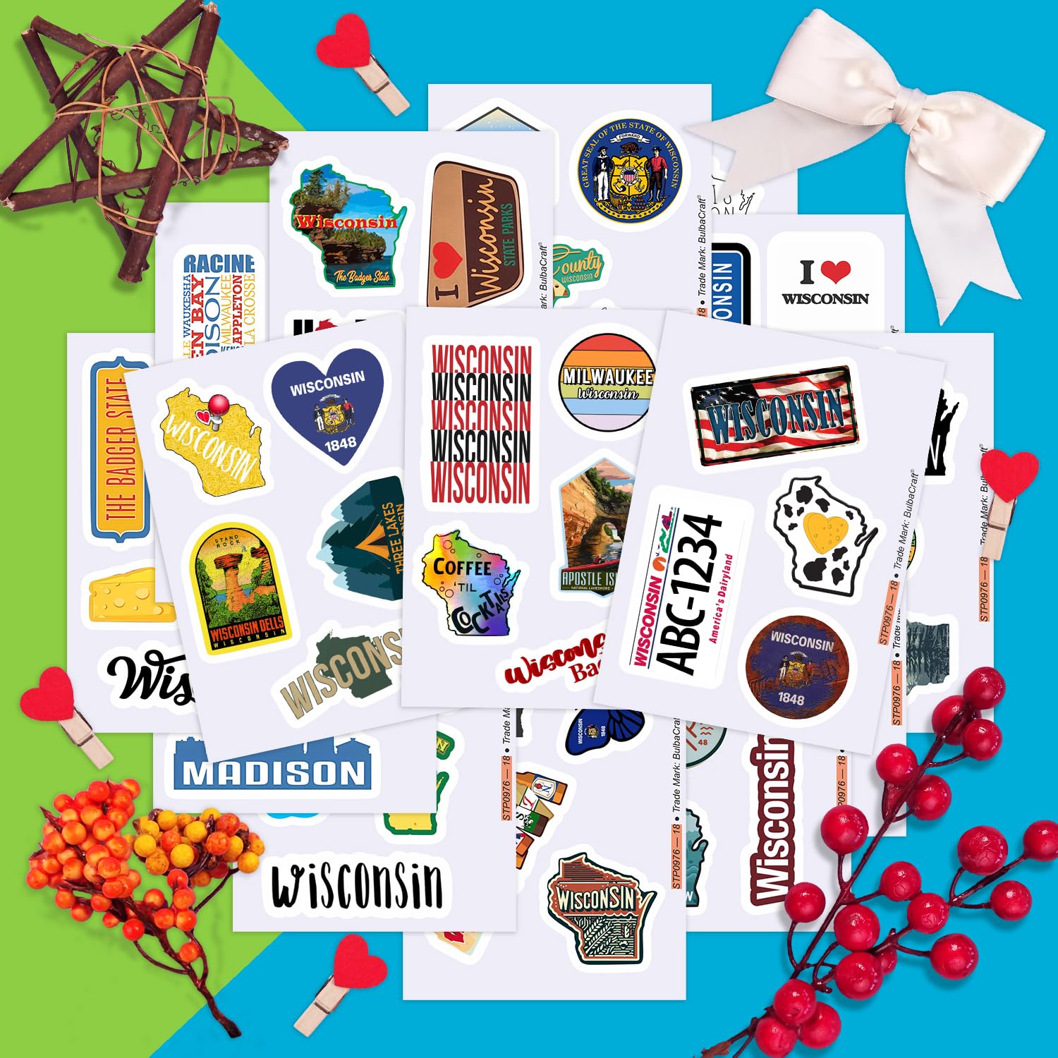 BulbaCraft Wisconsin Stickers for Water Bottle and Laptop - Wisconsin Party Supplies & Decorations, Waterproof Vinyl Decals, State Pride and Icon Stickers, Gifts for Women & Men