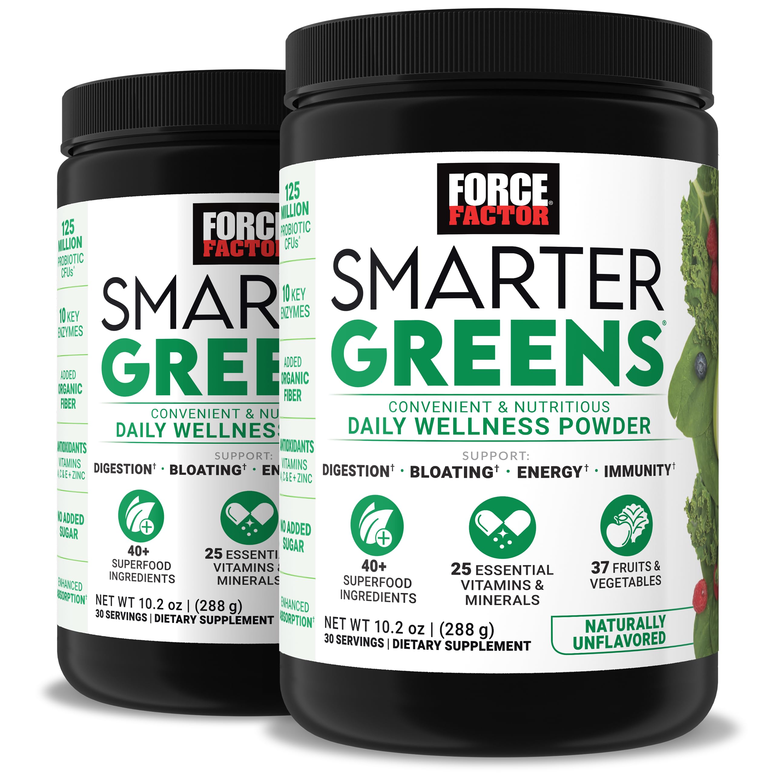Force Factor Smarter Greens Daily Wellness Powder 2-Pack to Support Energy, Immunity & Digestion, Superfood Greens Powder with Vitamins, Minerals & Probiotics, Unflavored, 60 Servings