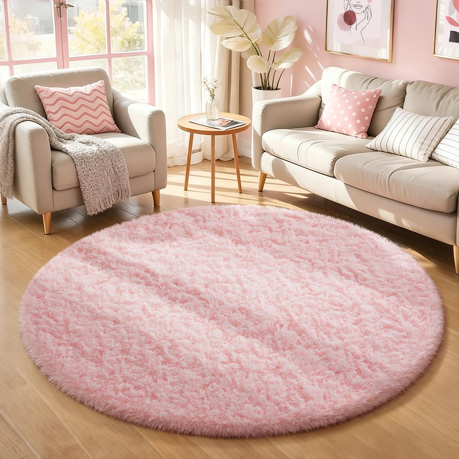 Ophanie Pink Round Rugs 5Ft Circle Area Rug, Cute Fluffy Fuzzy Girls Bedroom Carpet, Plush Soft Shaggy Indoor Floor Kawaii Living Room Rugs for Kids,