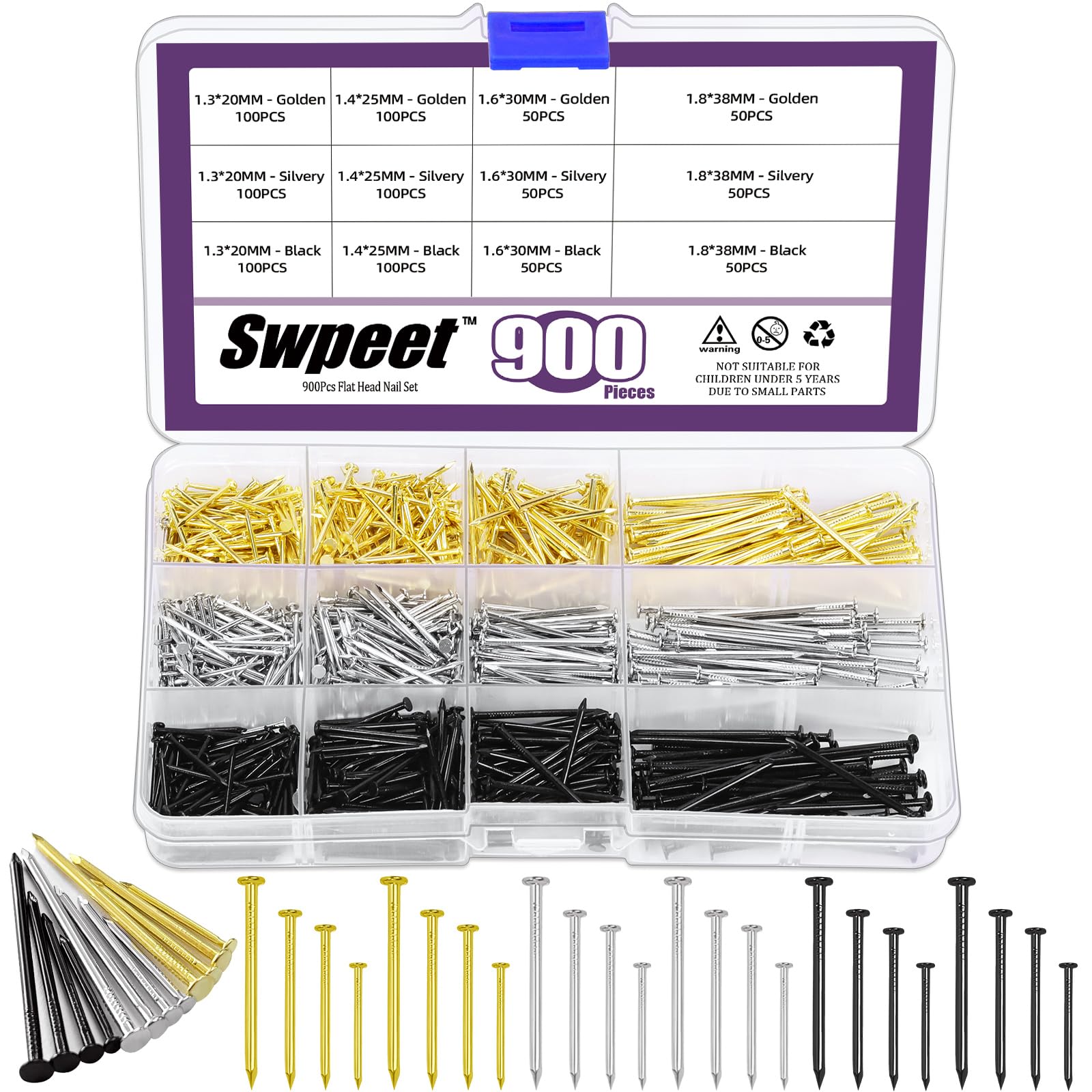 Swpeet 900 szt. 4 rozmiary gwoździ, zestaw asortymentowy, srebrne, czarne, złote, ocynkowane gwoździe, małe gwoździe, gwoździe do wykańczania, gwoździe do zawieszenia, gwoździe ścienne do zawieszania