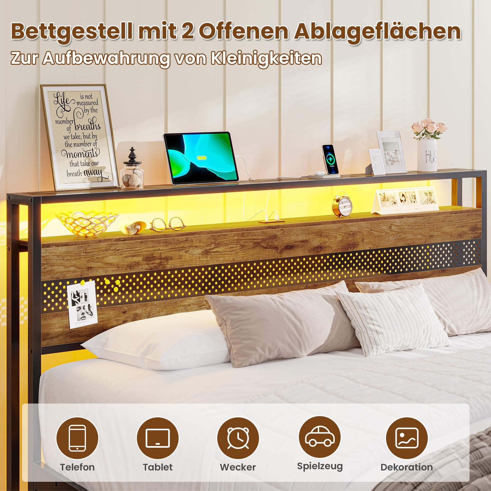 Cama de 160 x 200 cm con somier de láminas de metal, estructura de cama de metal con enchufe y función de carga USB, cama doble con espacio de almacenamiento, cama para dormitorio y habitación de