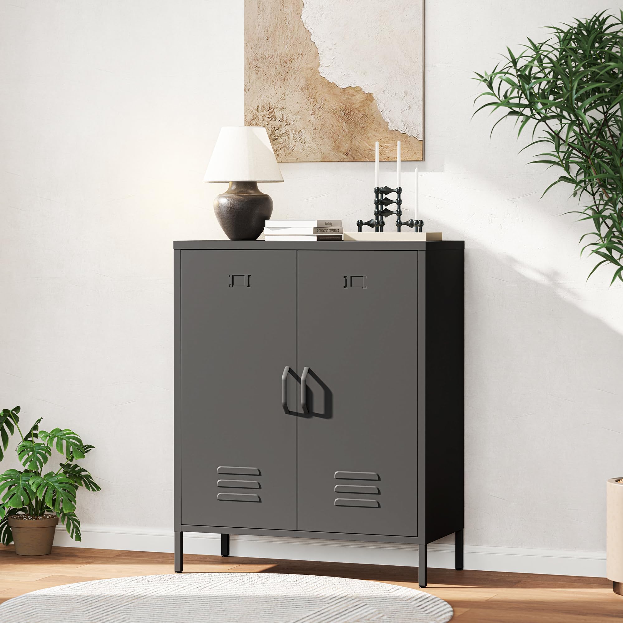 Commode en Métal Noire à 3 Compartiments et Étagère Réglable 100x80cm