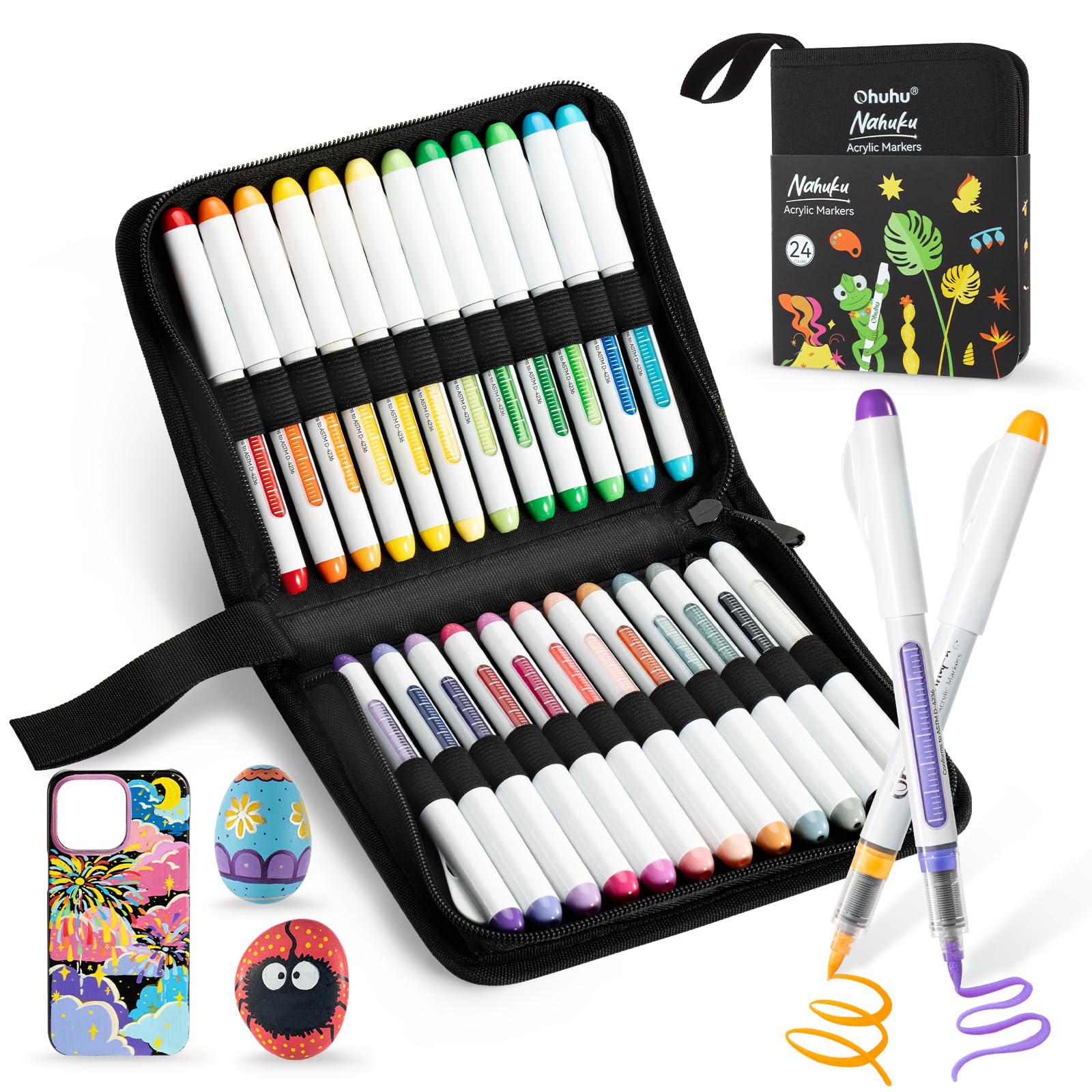 Ohuhu Acrylic Markers Brush Tip: 24/48 Colors 1-5MM Direct Liquid Acrylic Marker High Opacity Waterproof Lightfast for Rock Painting Wood Glass Ceramic Canvas - Nahuku Series (24 Pack)